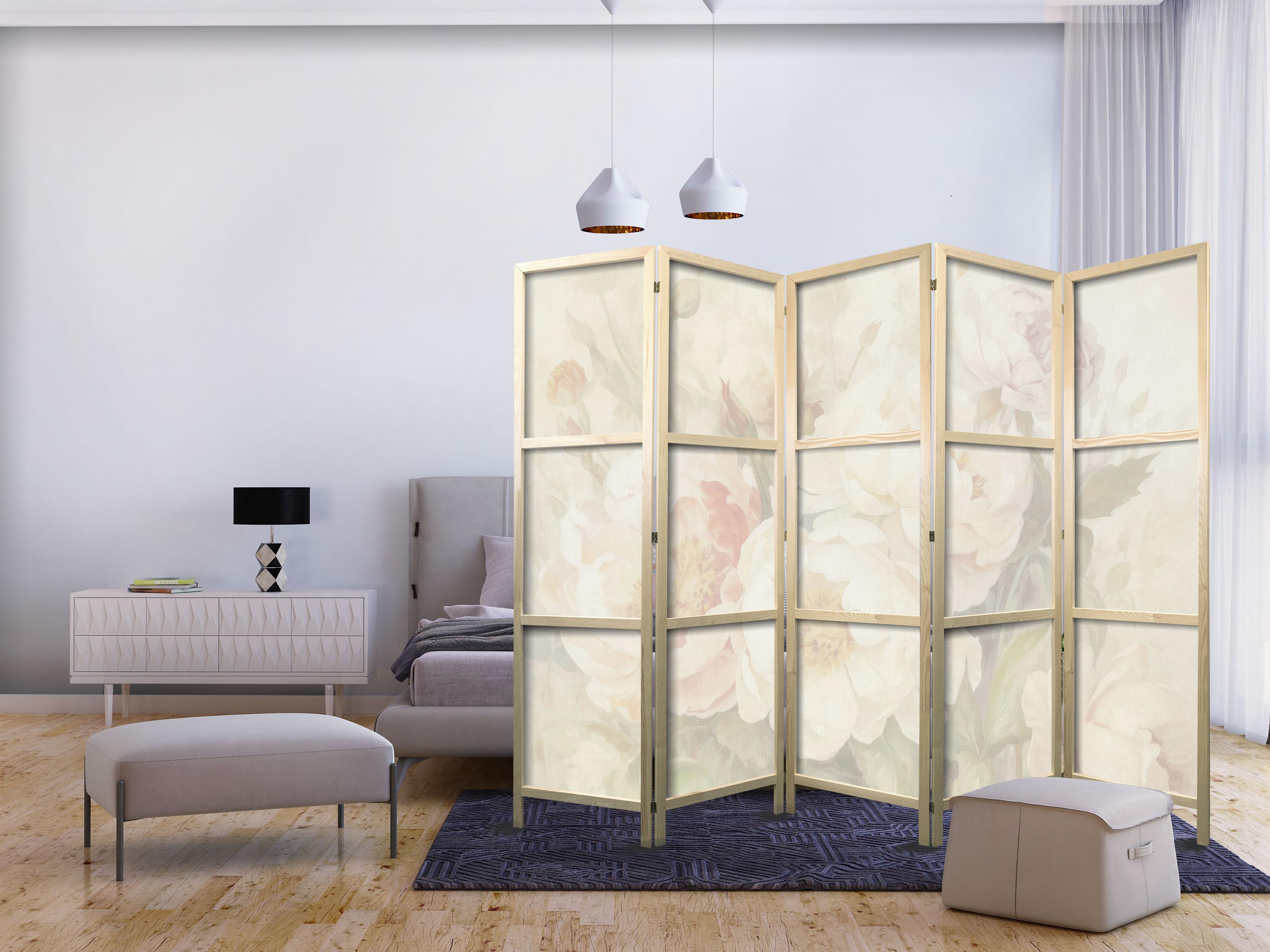 Japansk skærmvæg Blooming Peonies 225 x 172 cm - 5-panels rumdeler med blomster