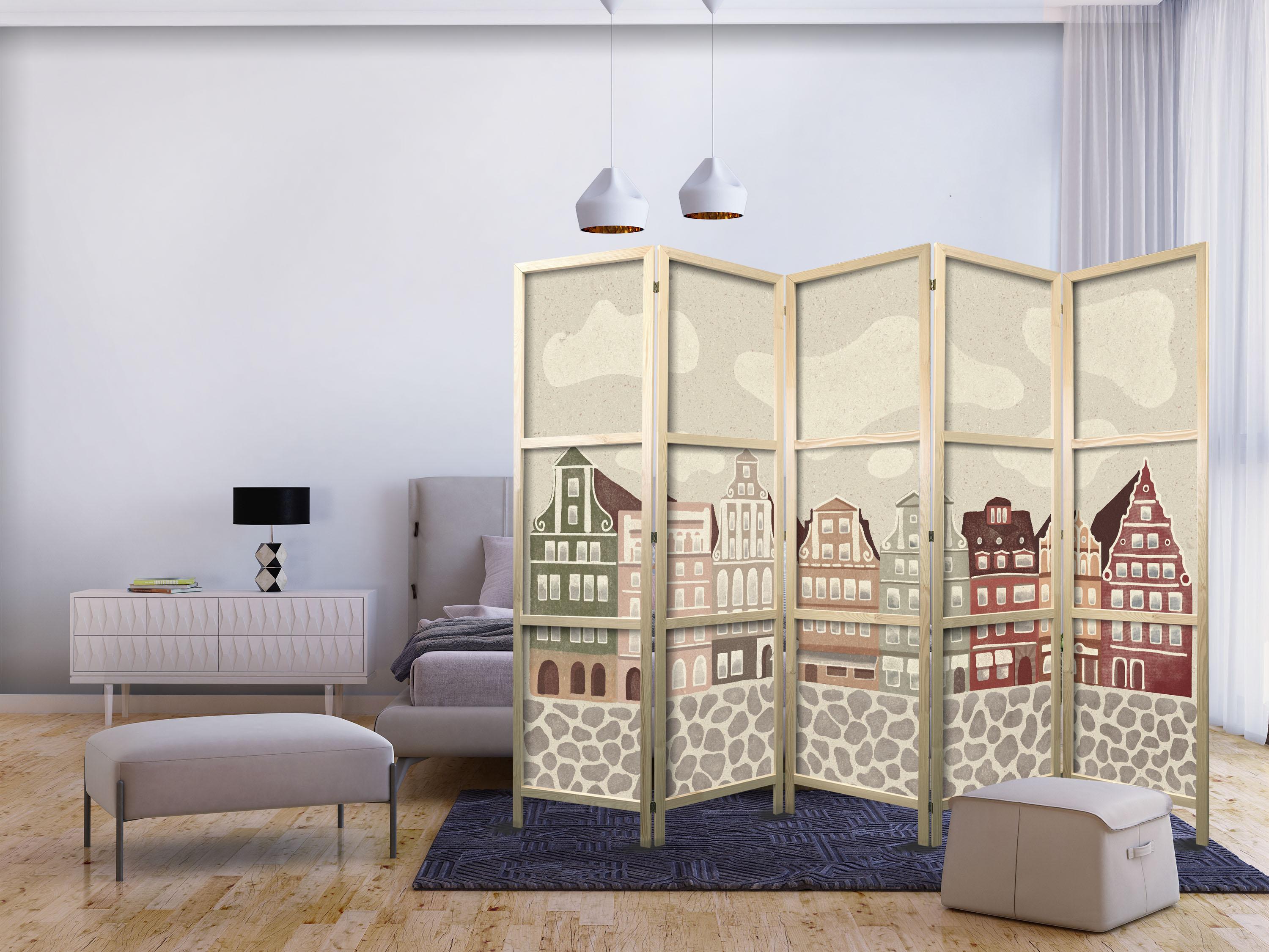Japansk skærmvæg Solny Square - rumdeler til børn med farverige byhuse, 225 x 172 cm
