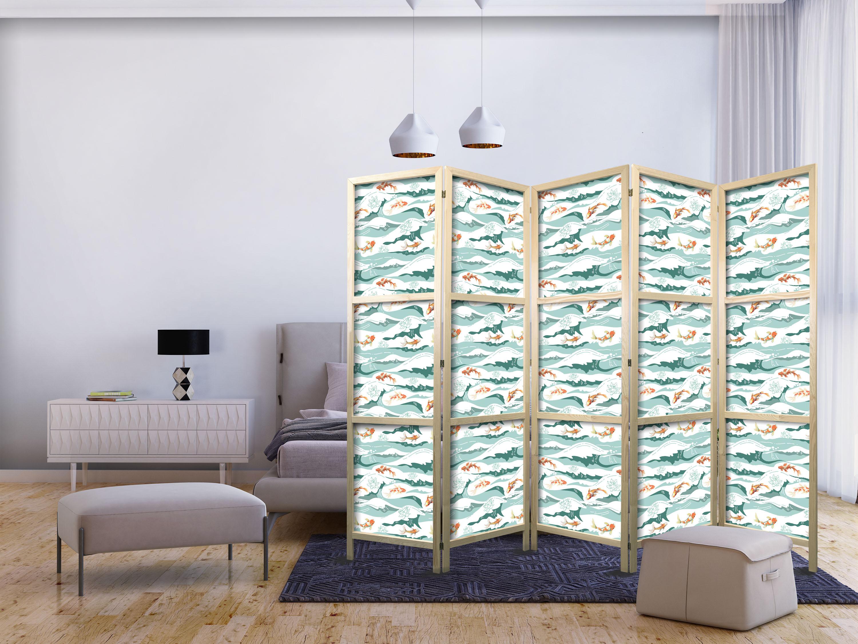 Japansk skærmvæg med fisk og bølger 225 x 172 cm