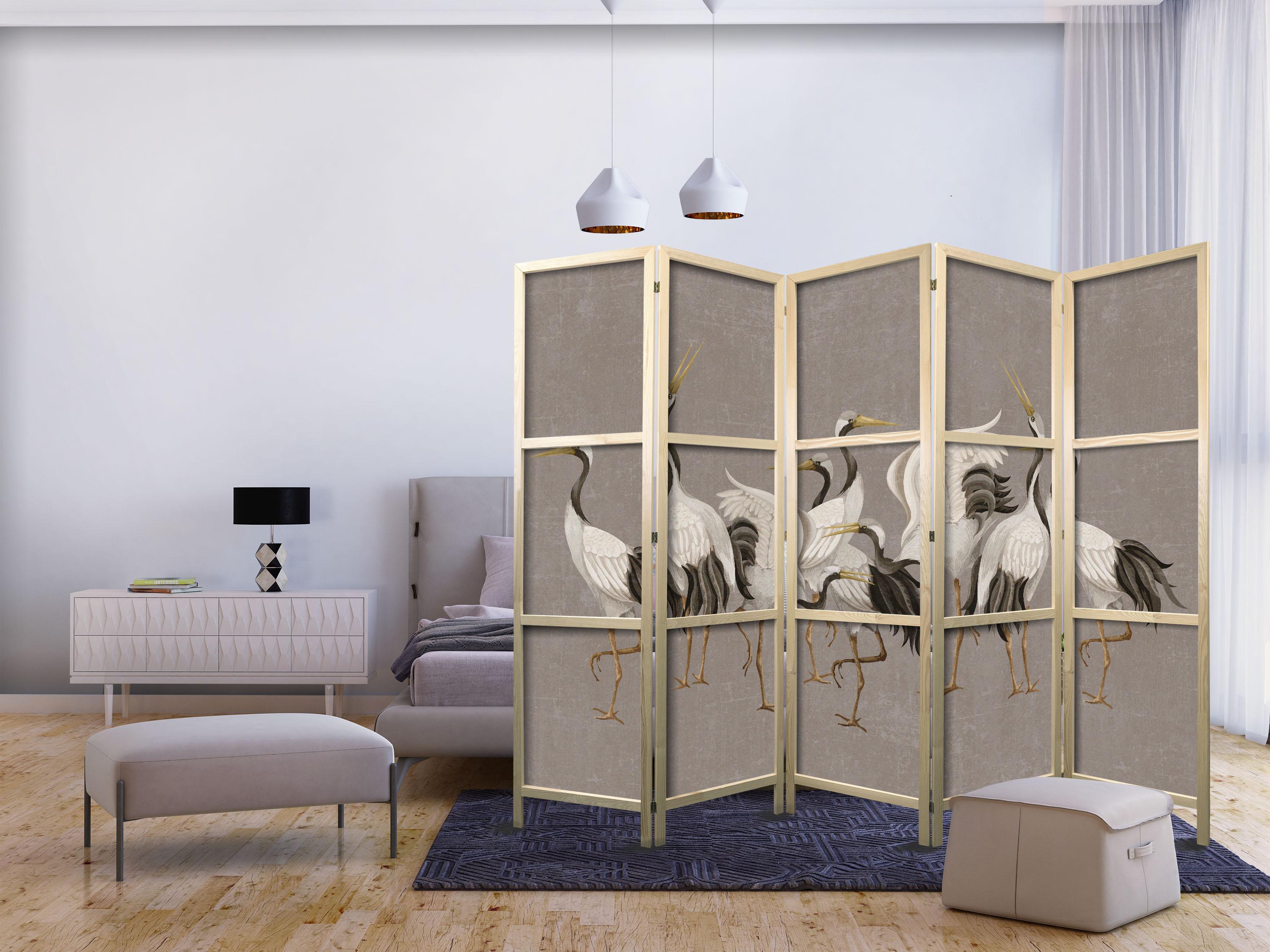 Japansk skærmvæg rumdeler 5 paneler 225 x 172 cm - Tranedans på varm grå baggrund