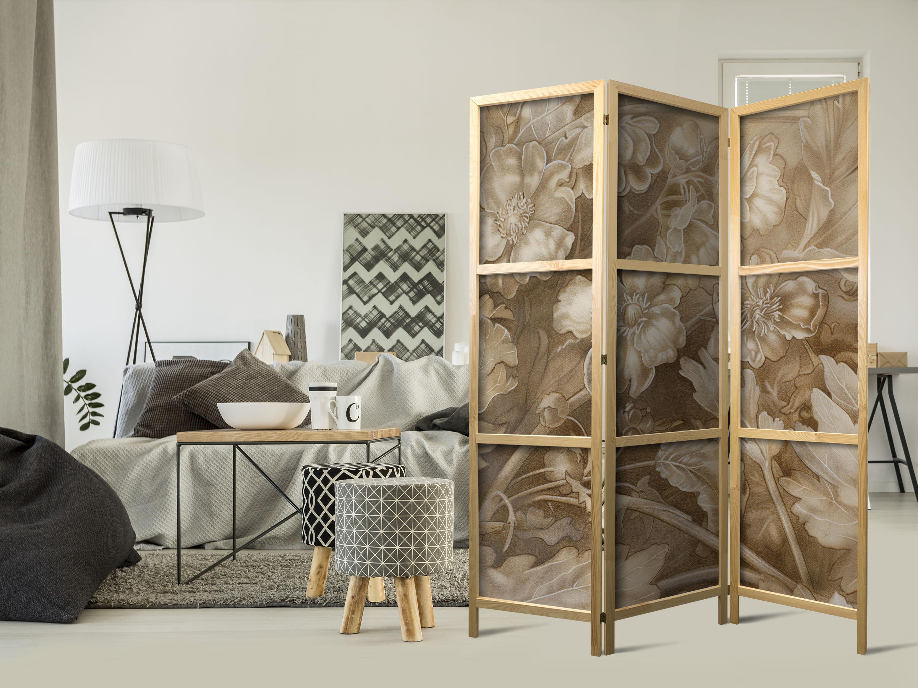 Japansk skærmvæg med blomster i sepia - 3 panels rumdeler 135 x 172 cm
