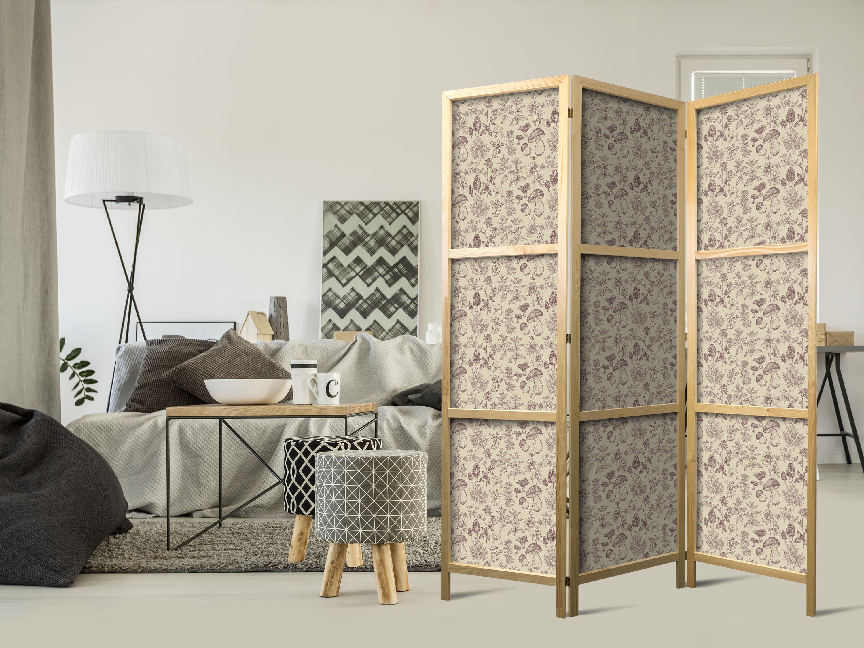 Japansk skærmvæg beige med skovmotiv - svampe, blomster og urter 135 x 172 cm