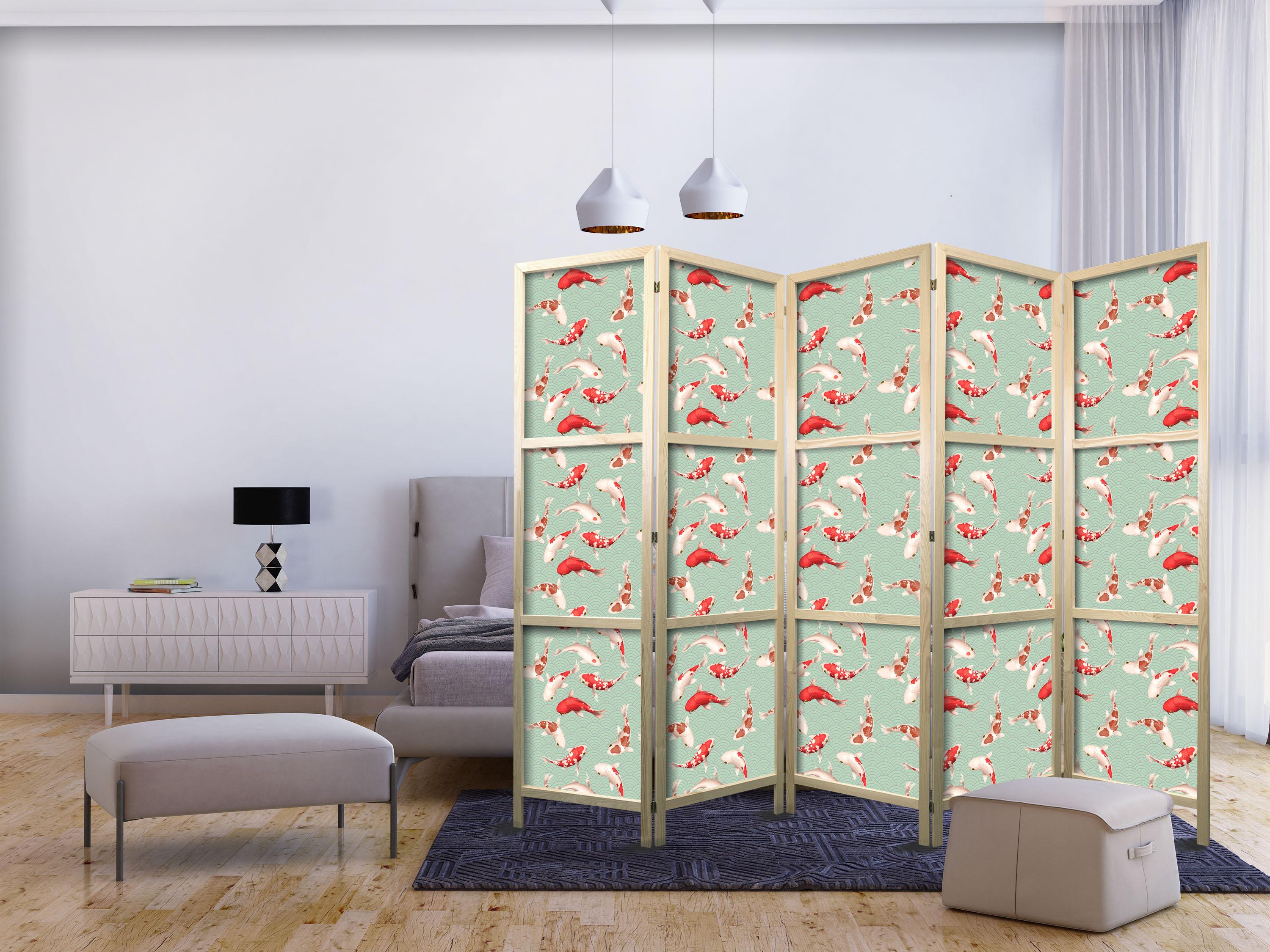 Japansk skærmvæg med koi fisk - 5 paneler, 225 x 172 cm