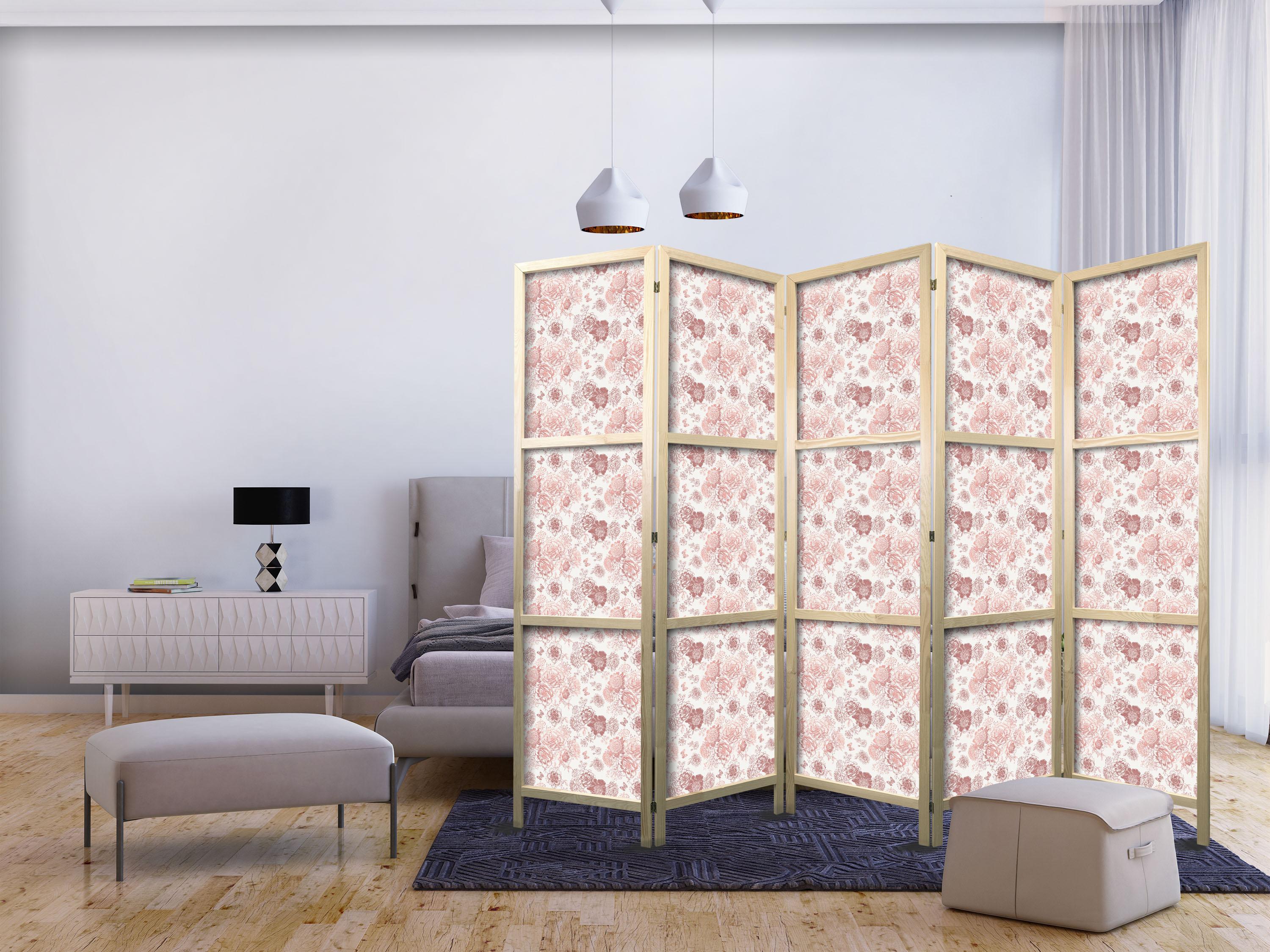 Japansk skærmvæg Pink Blossoming med blomster - 5 paneler 225 × 172 cm
