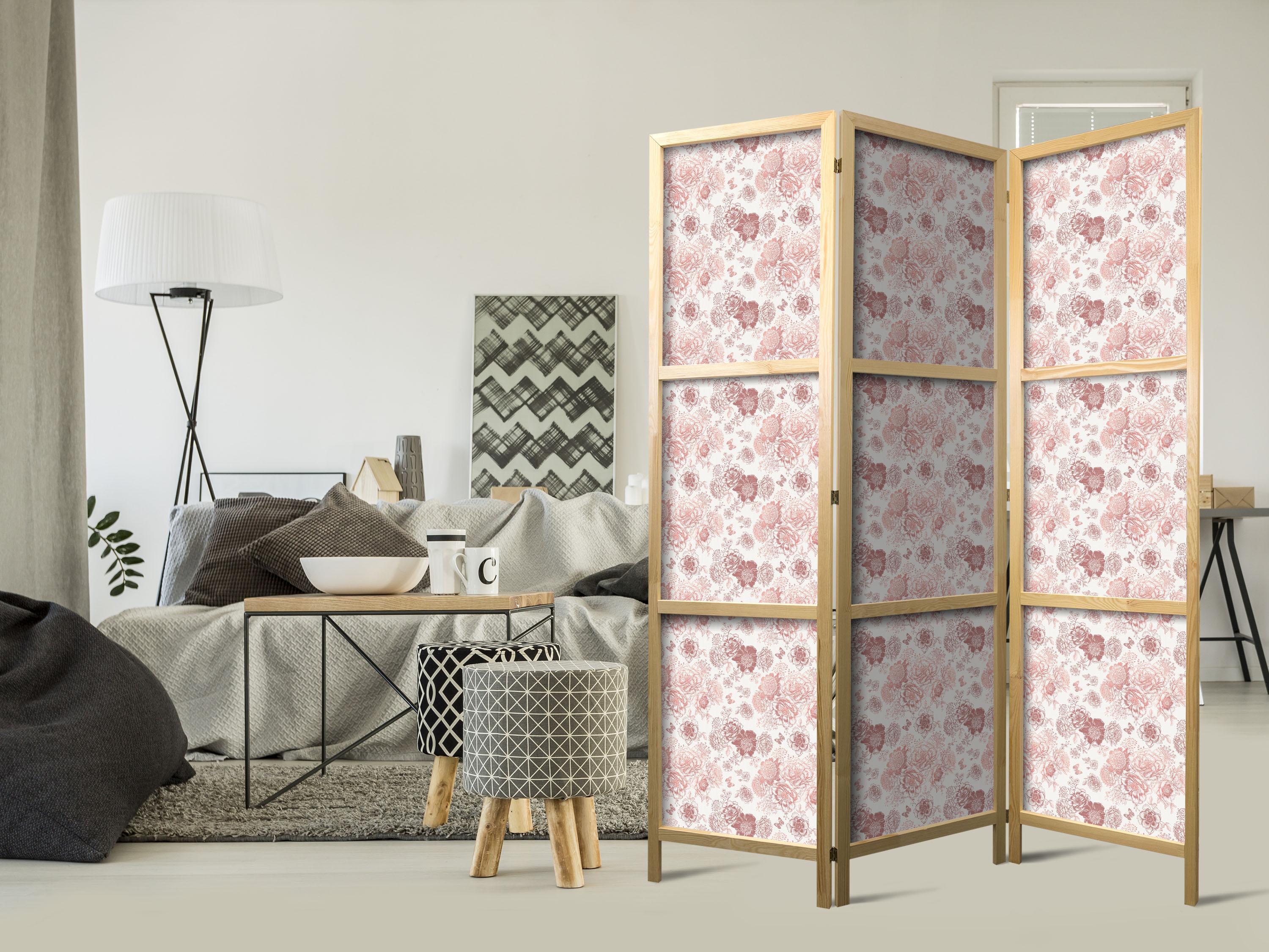 Japansk skærmvæg 3 paneler - Pink blomstring med blomster på hvid baggrund