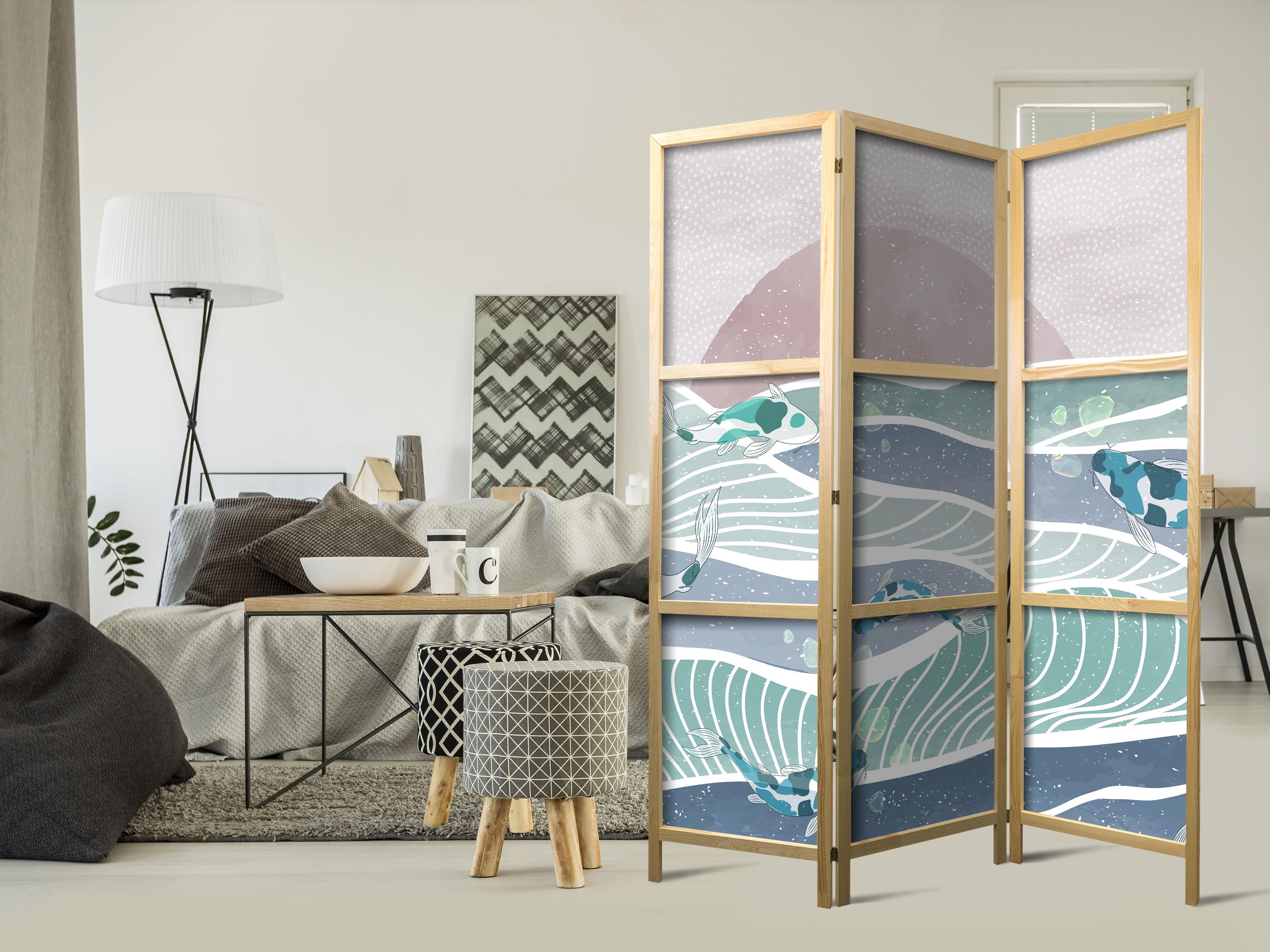 Japansk skærmvæg med koi fisk og solnedgang 135 x 172 cm