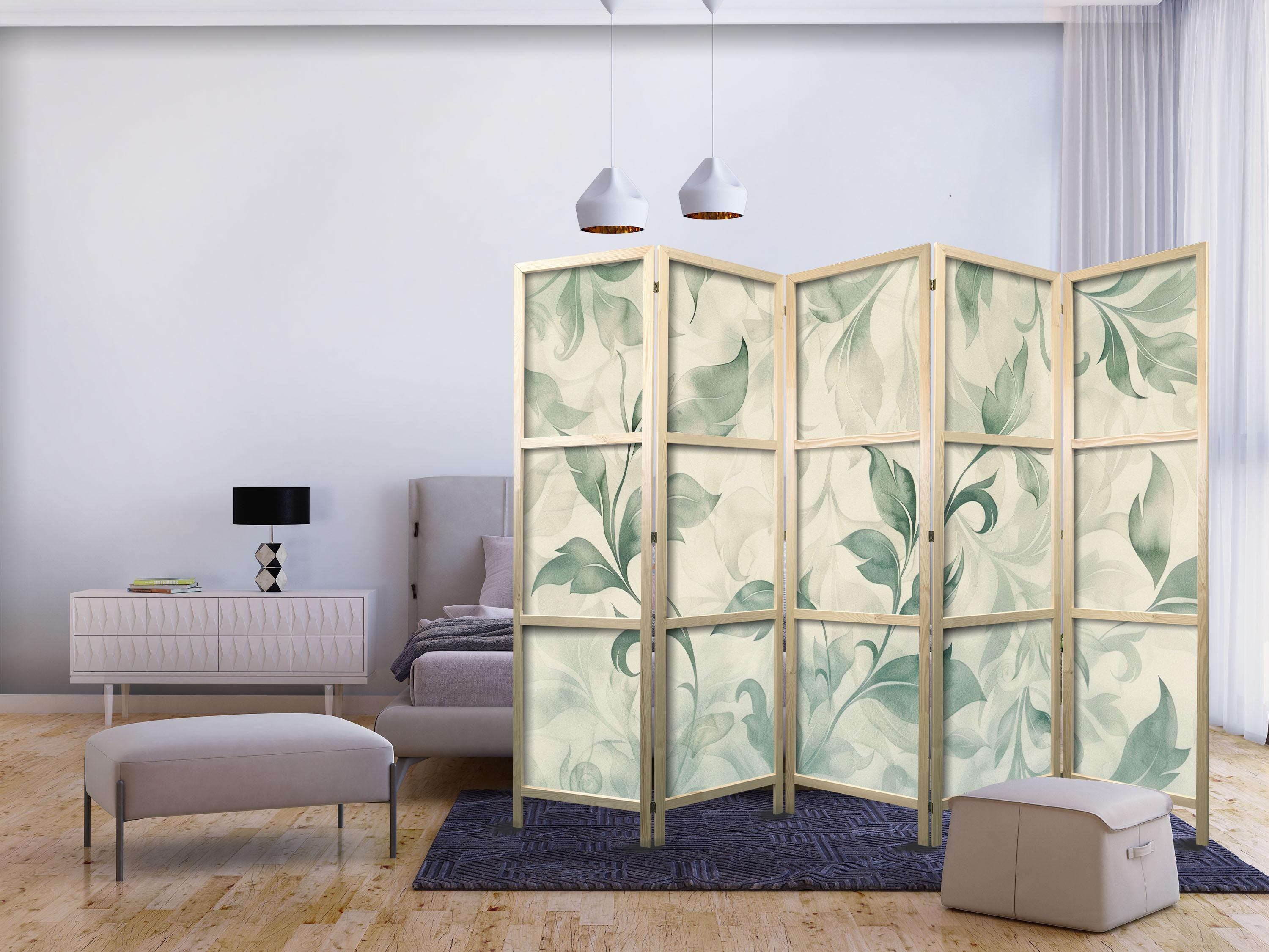 Japansk skærmvæg med botanisk akvarelmotiv - sarte grøn-beige blade, 225 x 172 cm