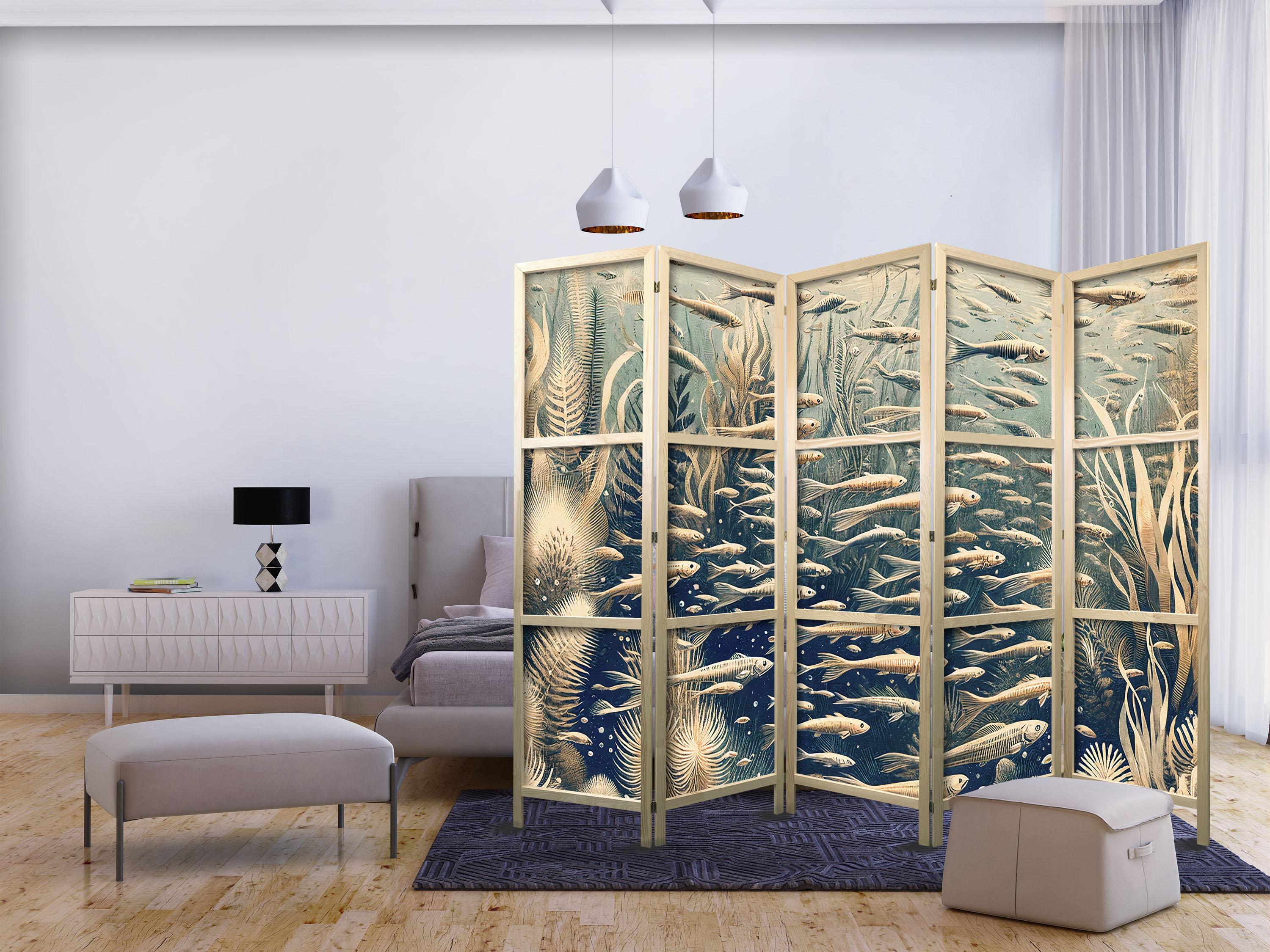 Japansk skærmvæg 5 paneler - Livet i havet med fisk og havplanter 225 x 172 cm