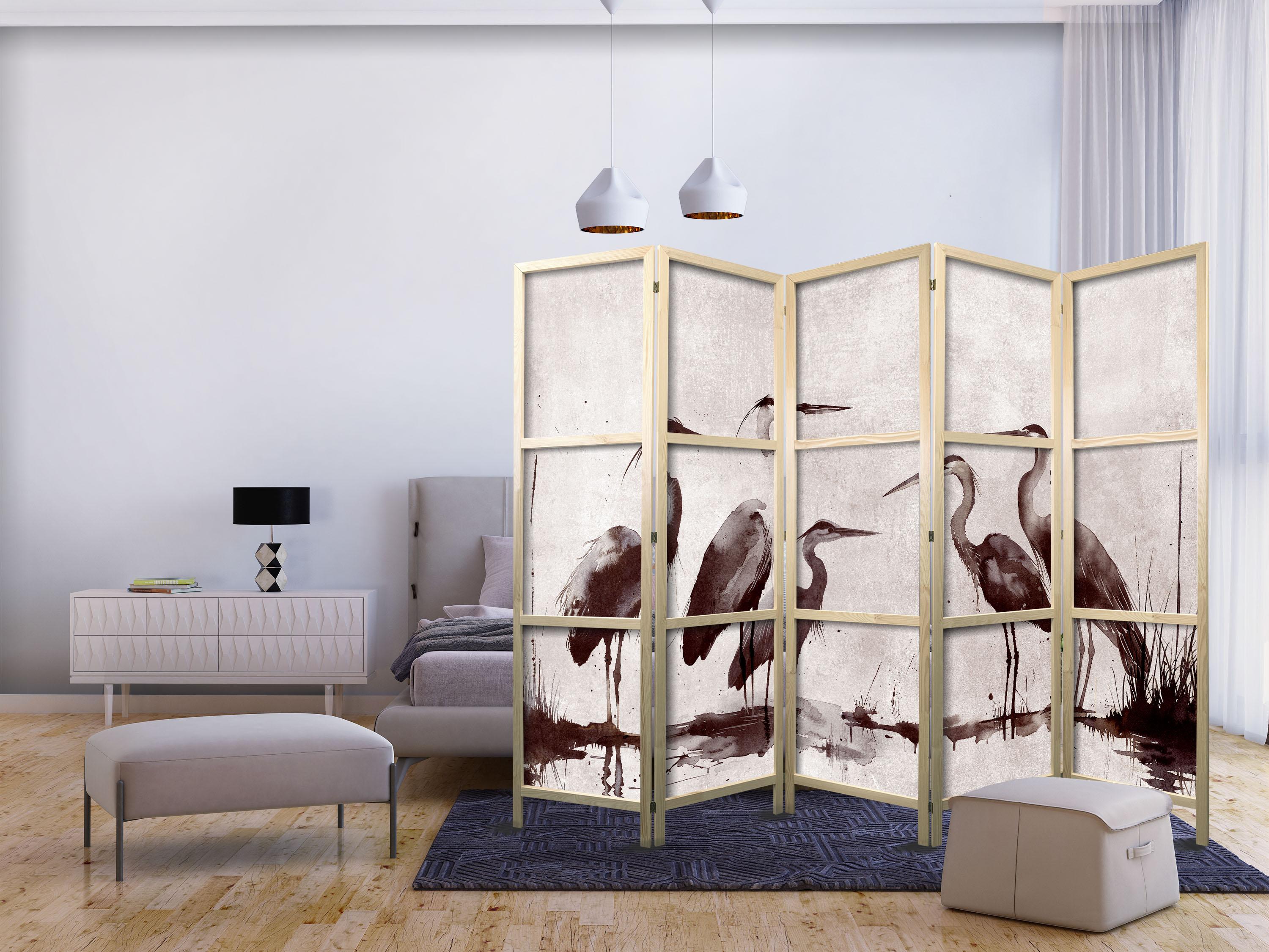 Japansk skærmvæg med hejrer 225 x 172 cm - 5-panel rumdeler