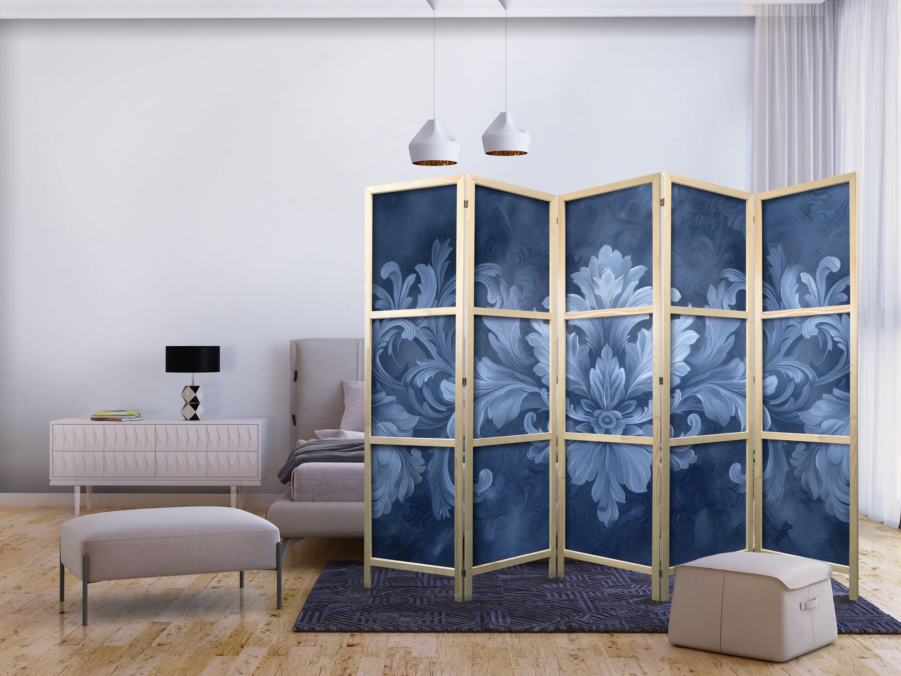 Japansk skærmvæg 5-panel med blå blomsterornamenter - mørkeblå 225 x 172 cm
