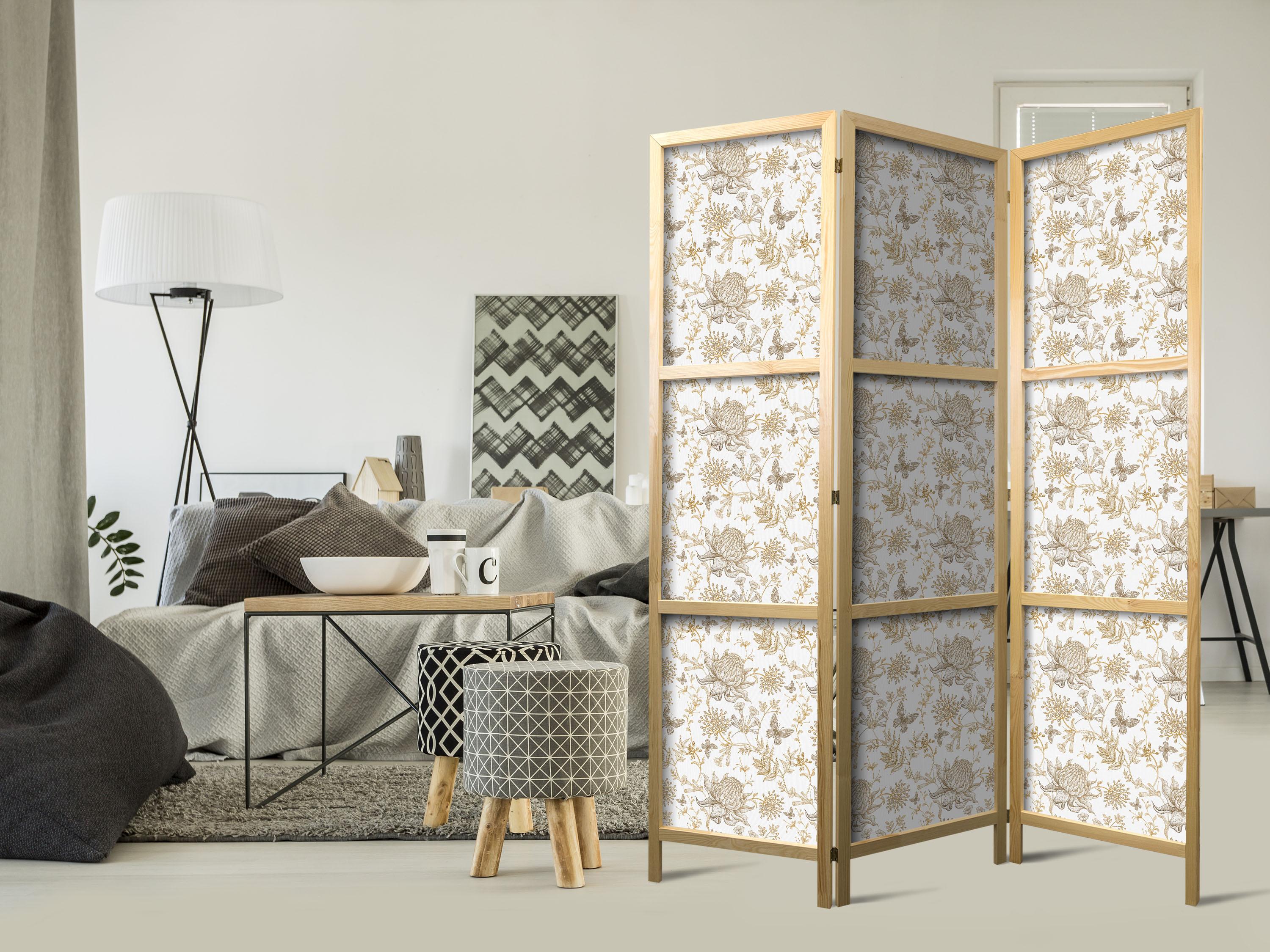 Japansk skærmvæg Beige Shades of Nature med blomster og sommerfugle 135 × 172 cm