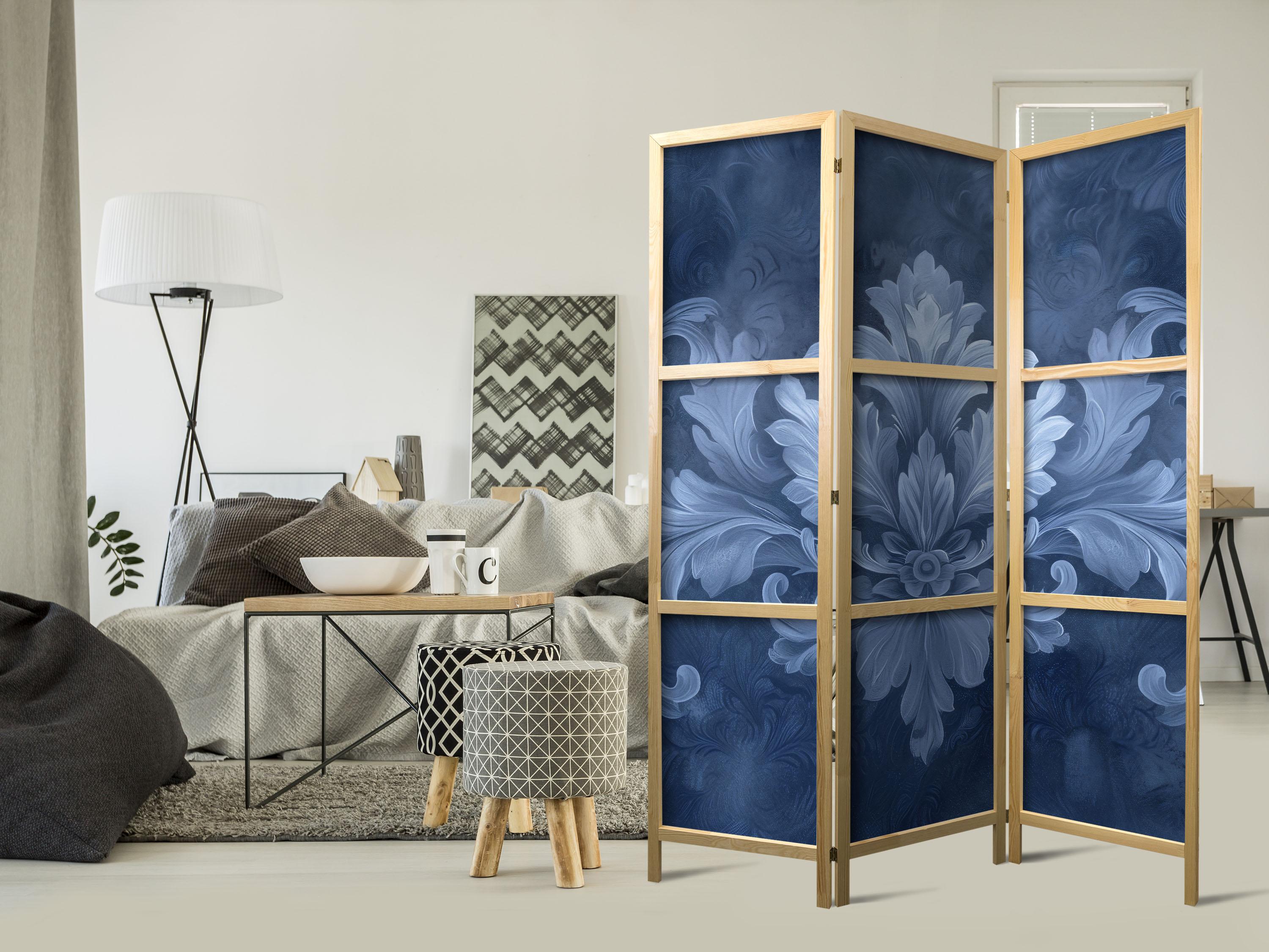 Japansk skærmvæg med blå blomster - 3-panels rumdeler 135 x 172 cm
