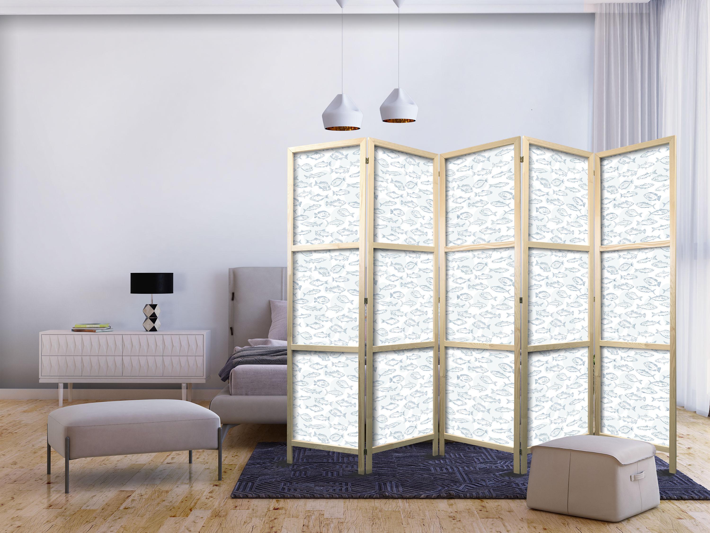 Japansk skærmvæg Blue Fish 225 x 172 cm - 5-panels rumdeler med fiskemotiv