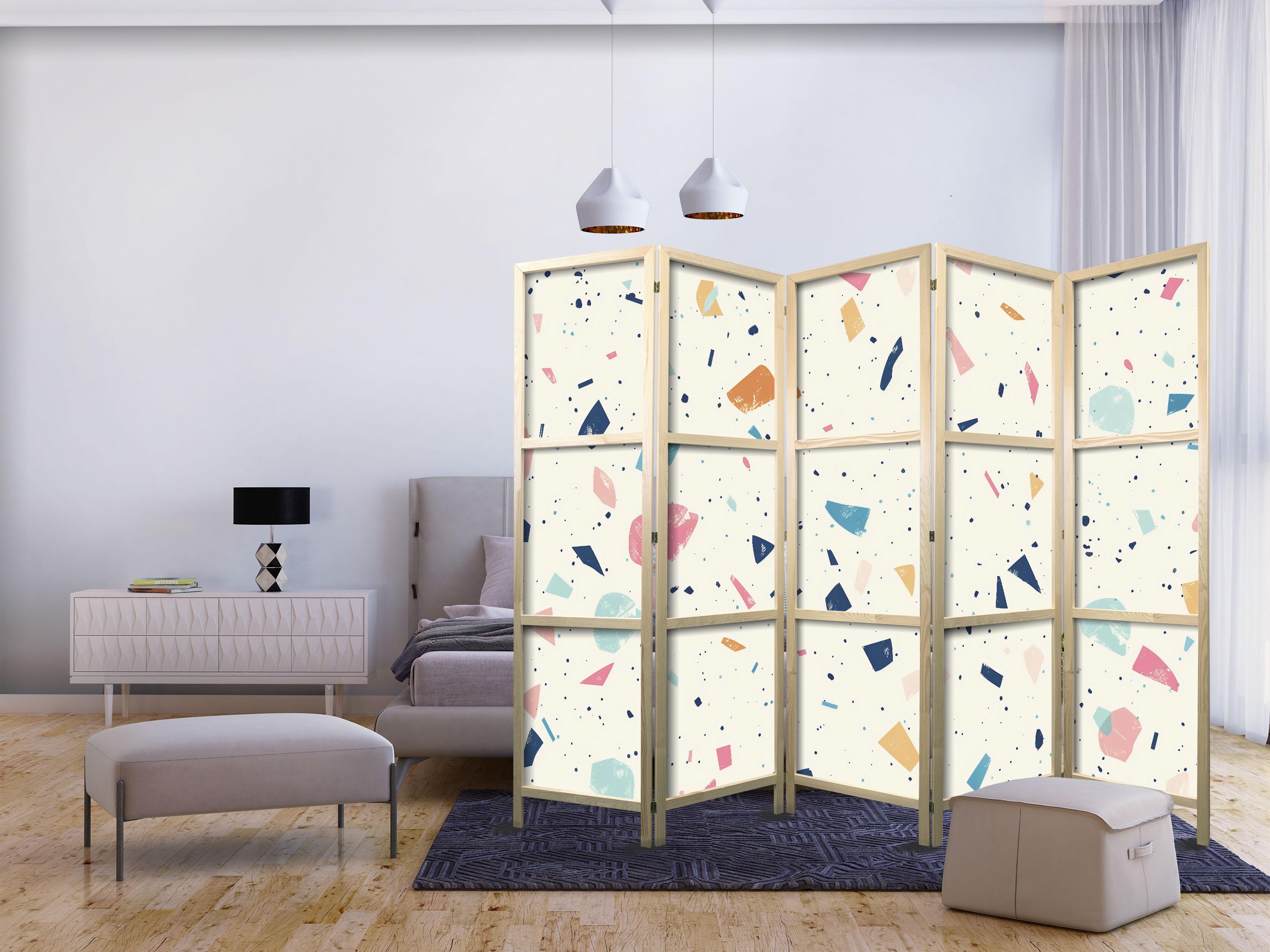 Japansk skærmvæg 5 paneler - terrazzo i flerfarvet mønster 225 x 172 cm