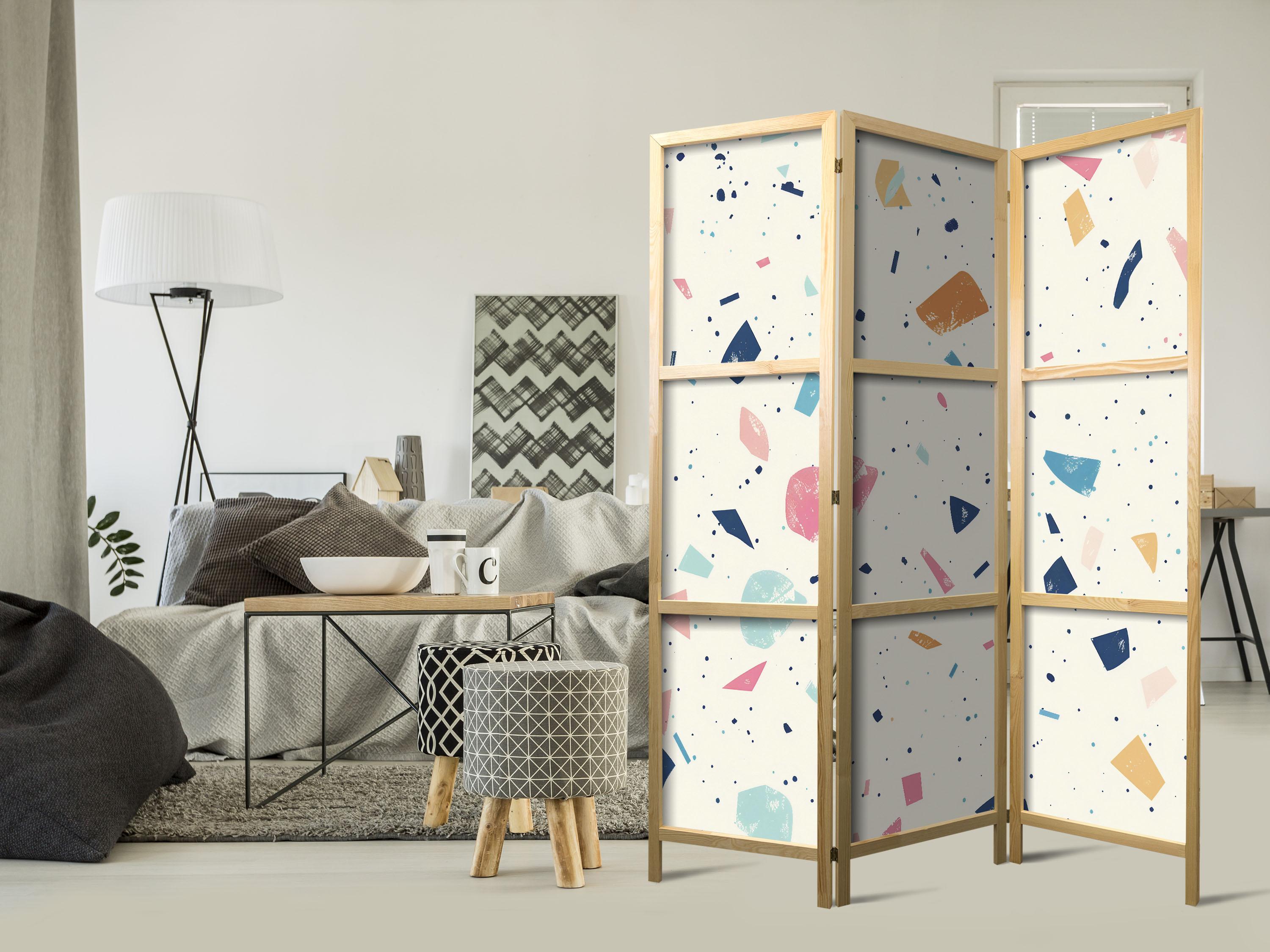 Japansk skærmvæg rumdeler med terrazzo-mønster i flere farver 135 x 172 cm