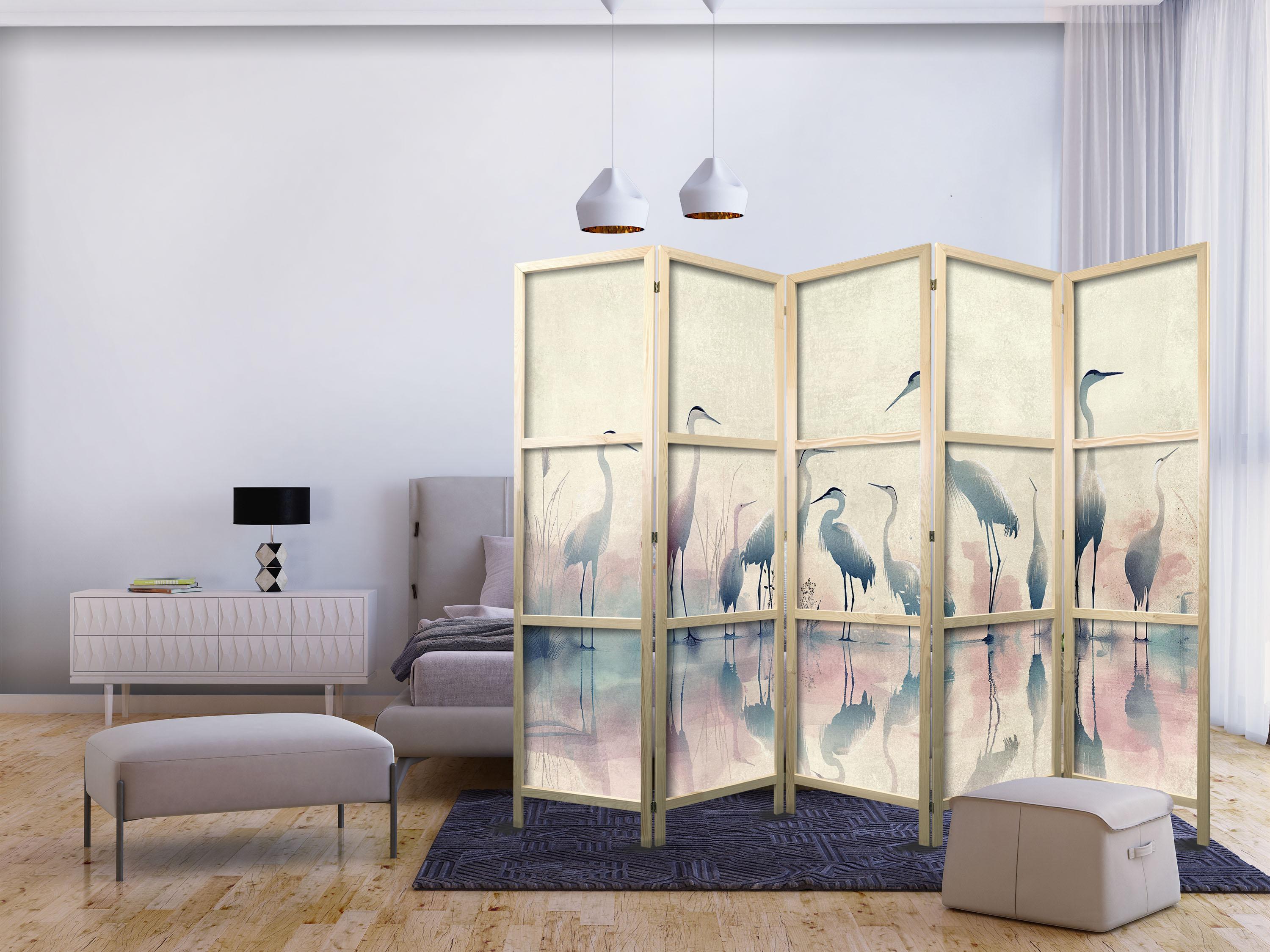 Japansk skærmvæg med hejrer ved søen i akvarel - 5 paneler, 225 x 172 cm