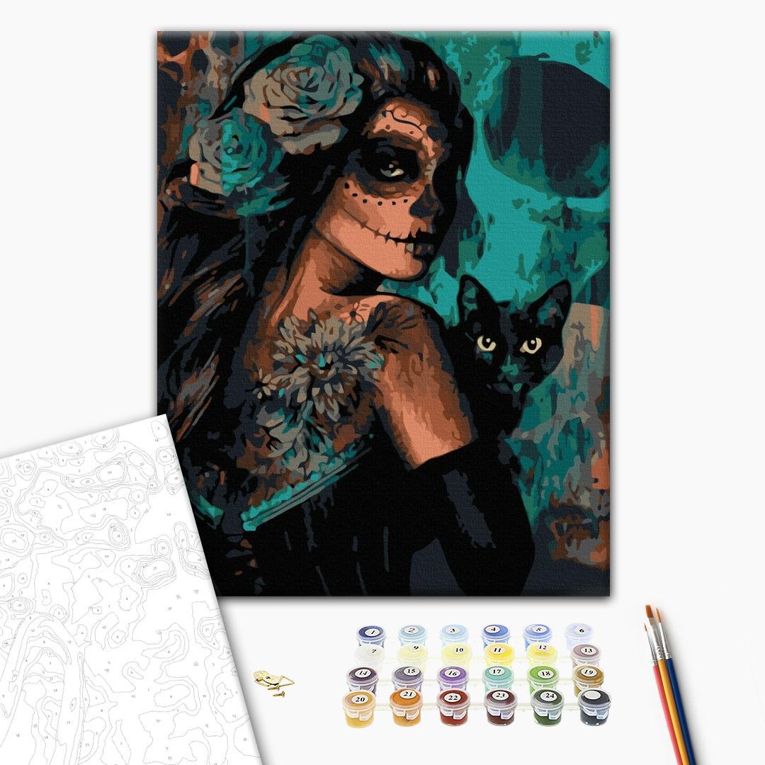 Mal efter tal billede Halloweenfest med kvinde og kat 40 x 50 cm