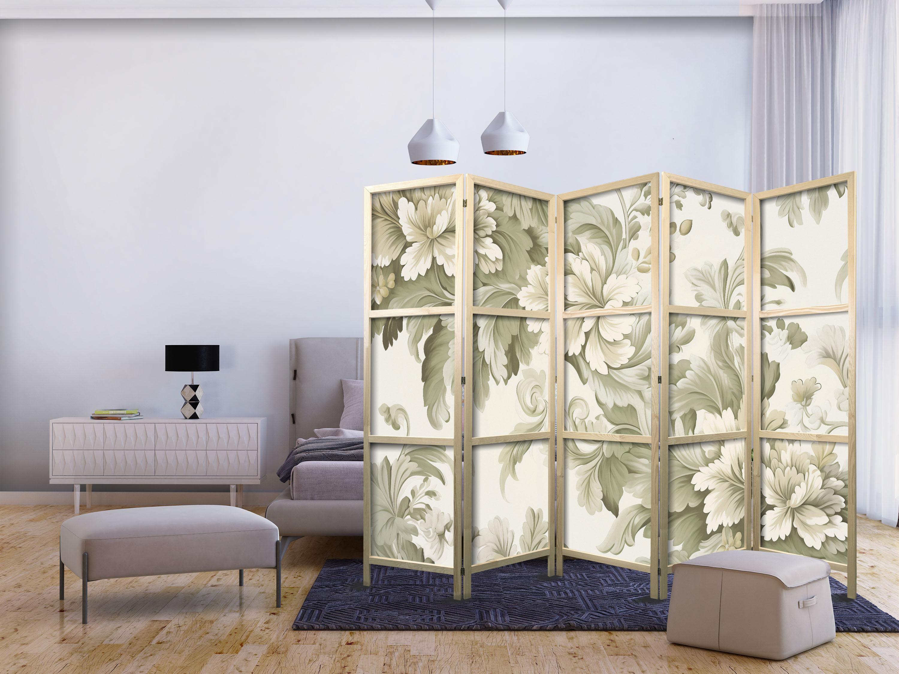 Japansk skærmvæg 5 paneler - retro vintage-blomster i creme og grøn