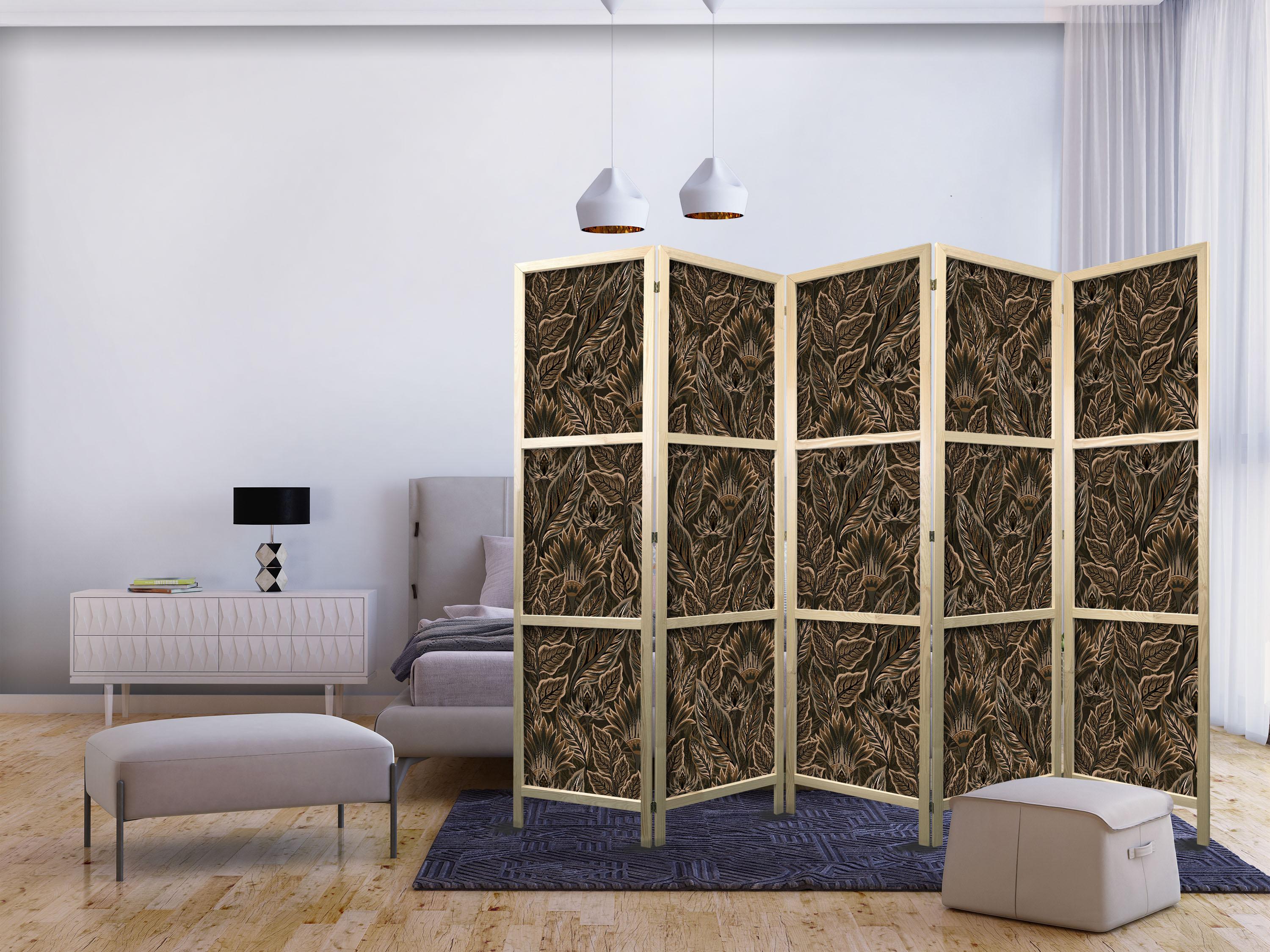 Japansk skærmvæg Tæt vegetation 225 x 172 cm - 5-panels rumdeler med botanisk mønster, brun