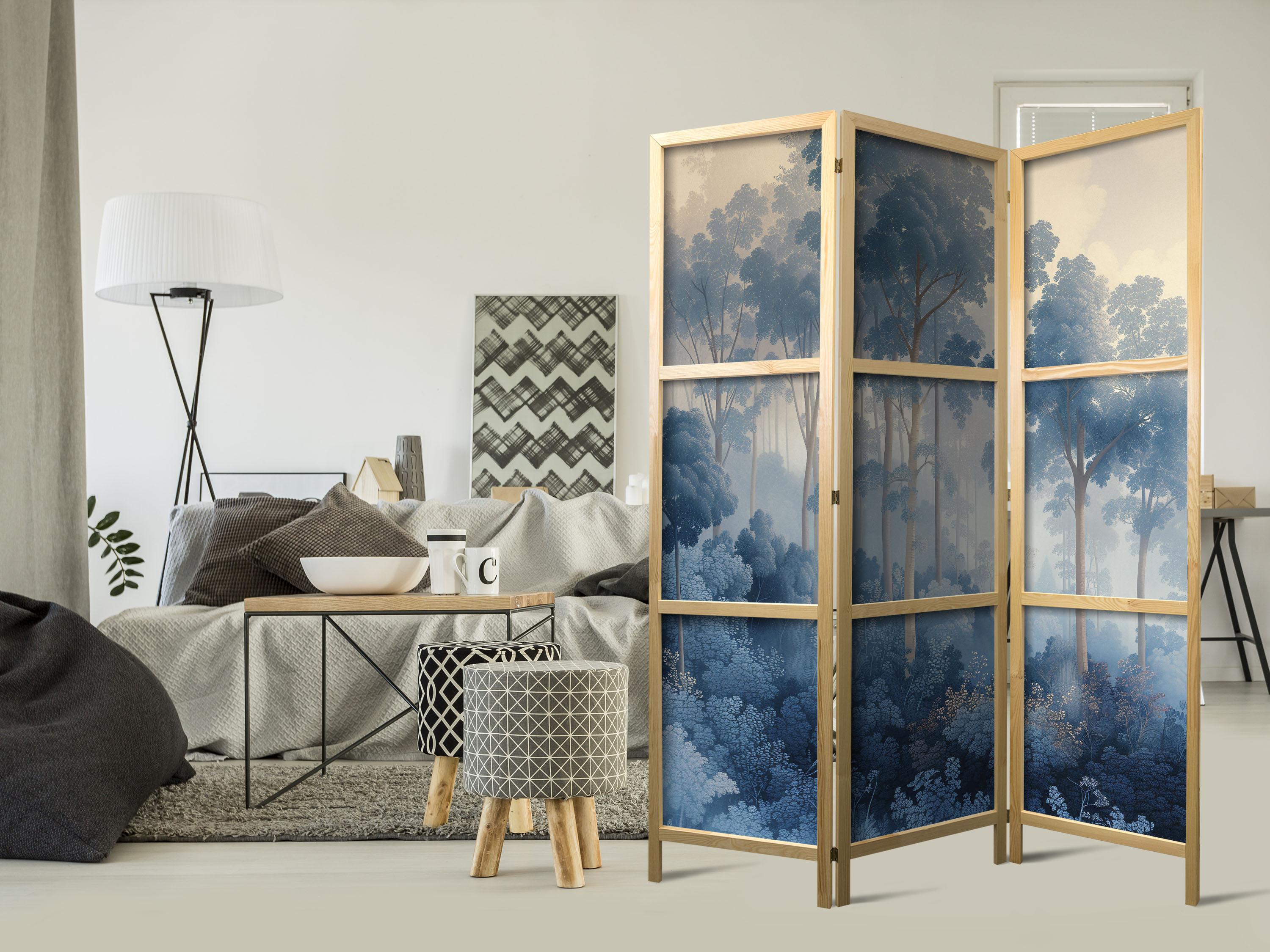 Japansk skærmvæg med skovmotiv - Eventyrblå skov - 135 x 172 cm
