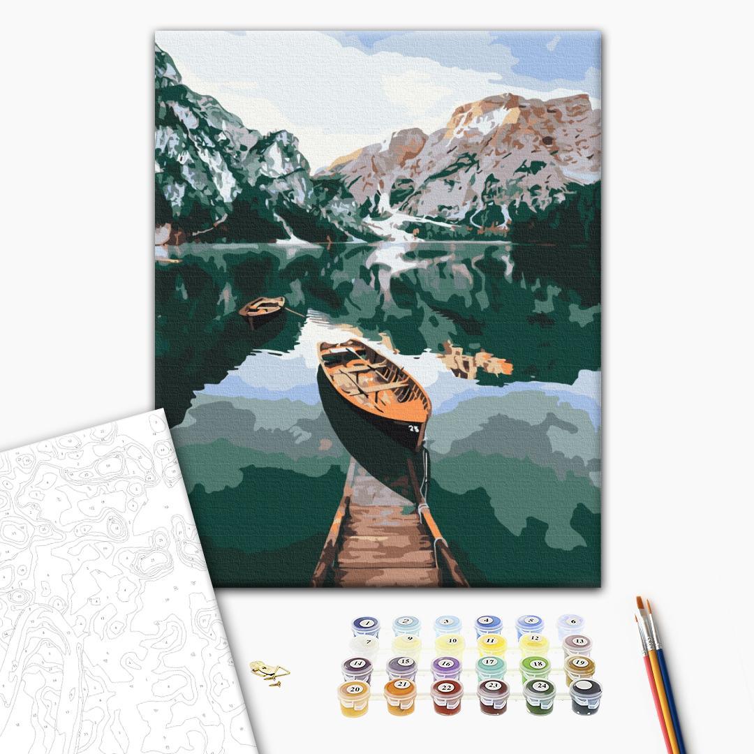 Mal efter tal billede med både i Dolomitterne 40 x 50 cm