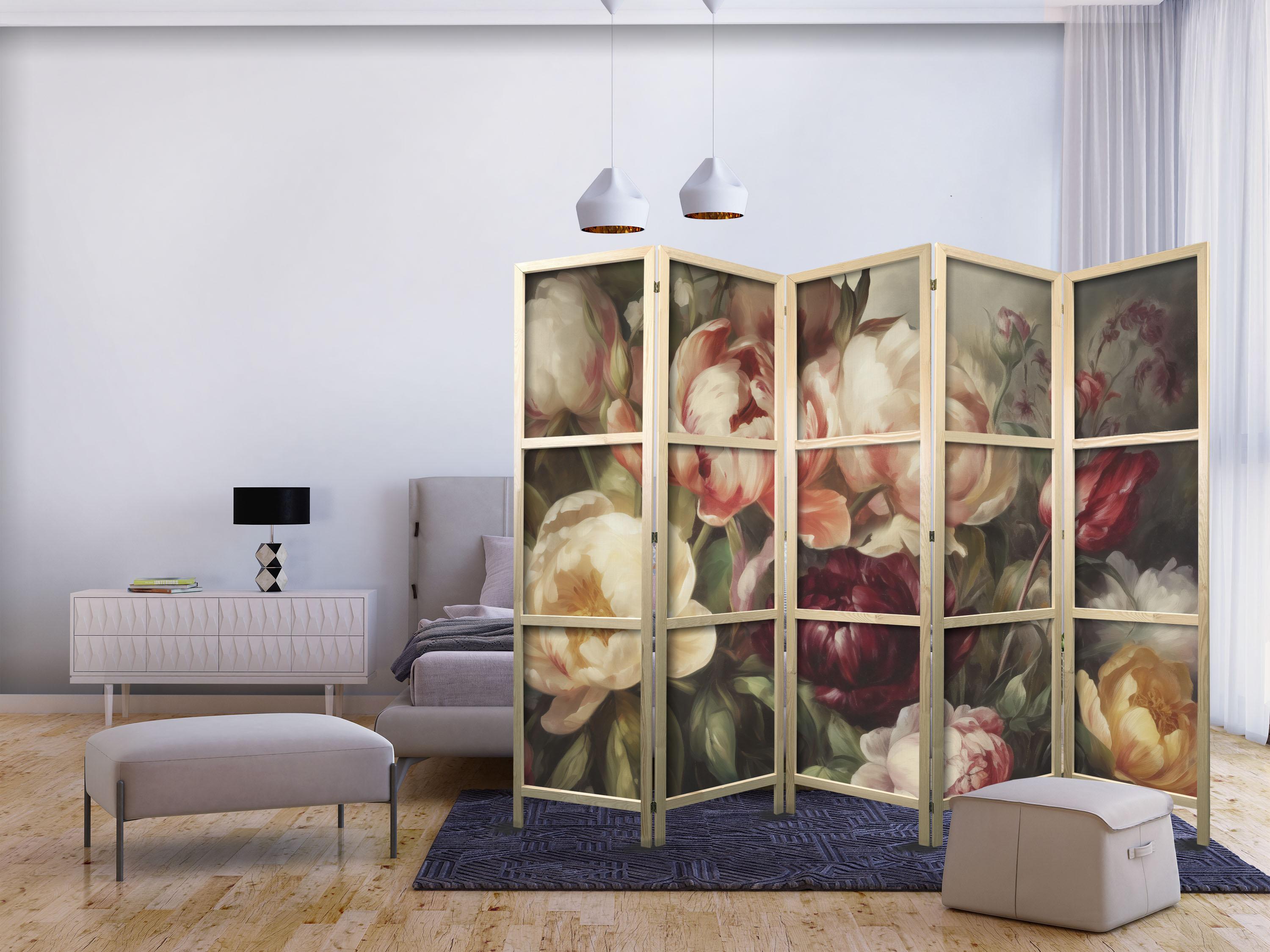Japansk skærmvæg med blomster - Blomstrende pæoner 225 x 172 cm