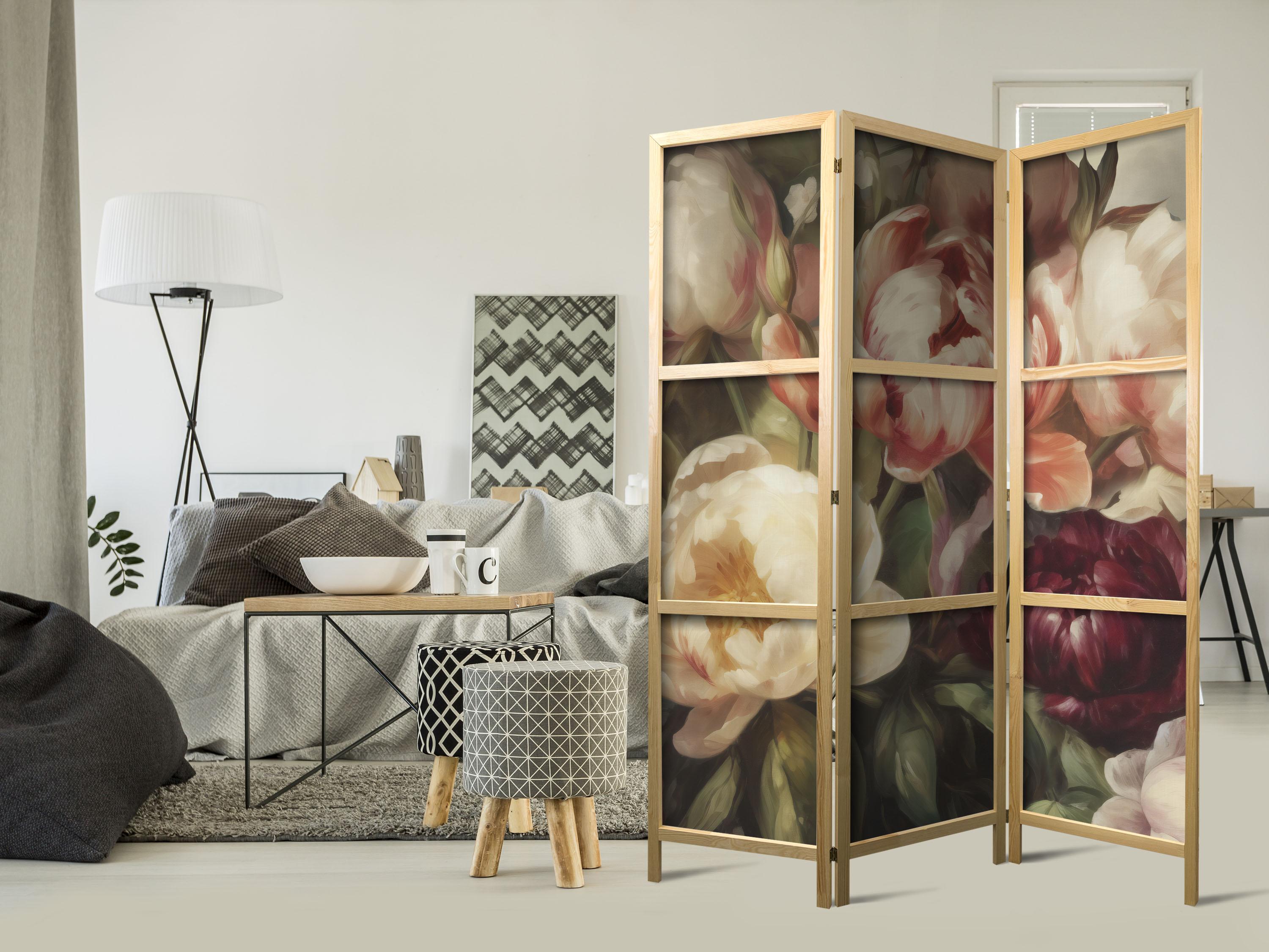 Japansk skærmvæg med blomster - Blomstrende pæoner - 135 x 172 cm