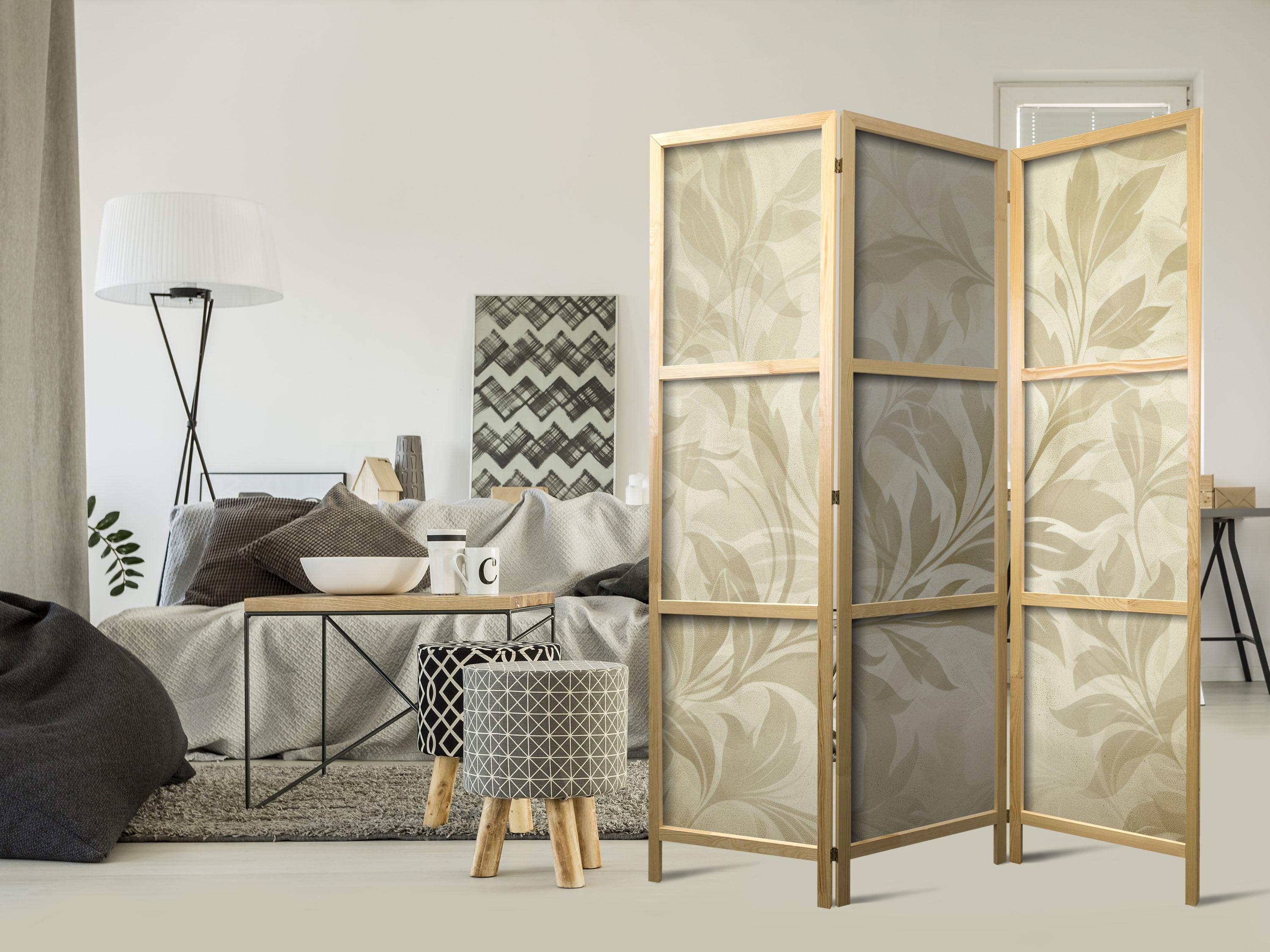 Japansk skærmvæg med botanisk bladmotiv i sandfarver 135 x 172 cm