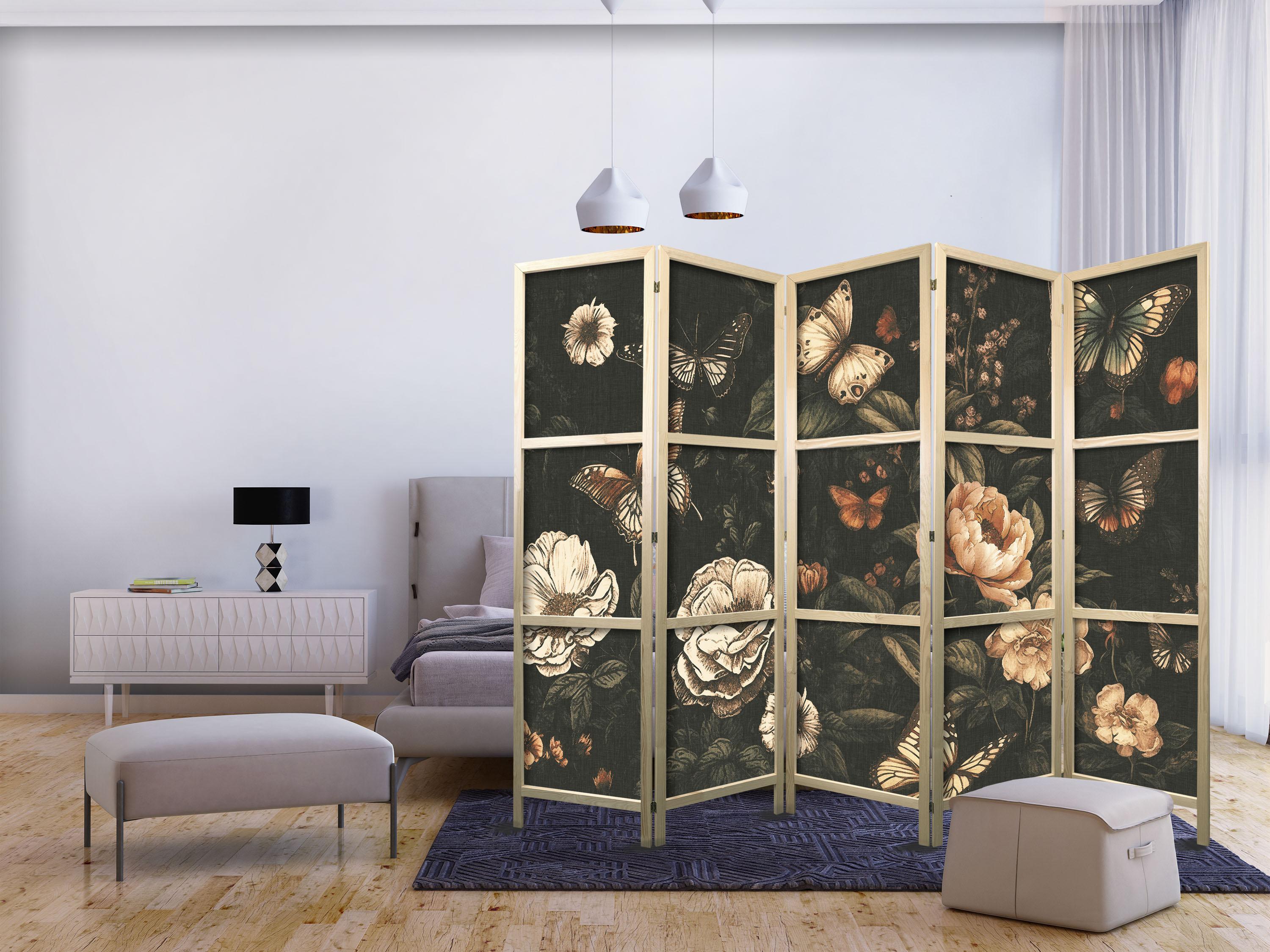 Japansk skærmvæg Mysterisk Have med sommerfugle og blomster 225 x 172 cm