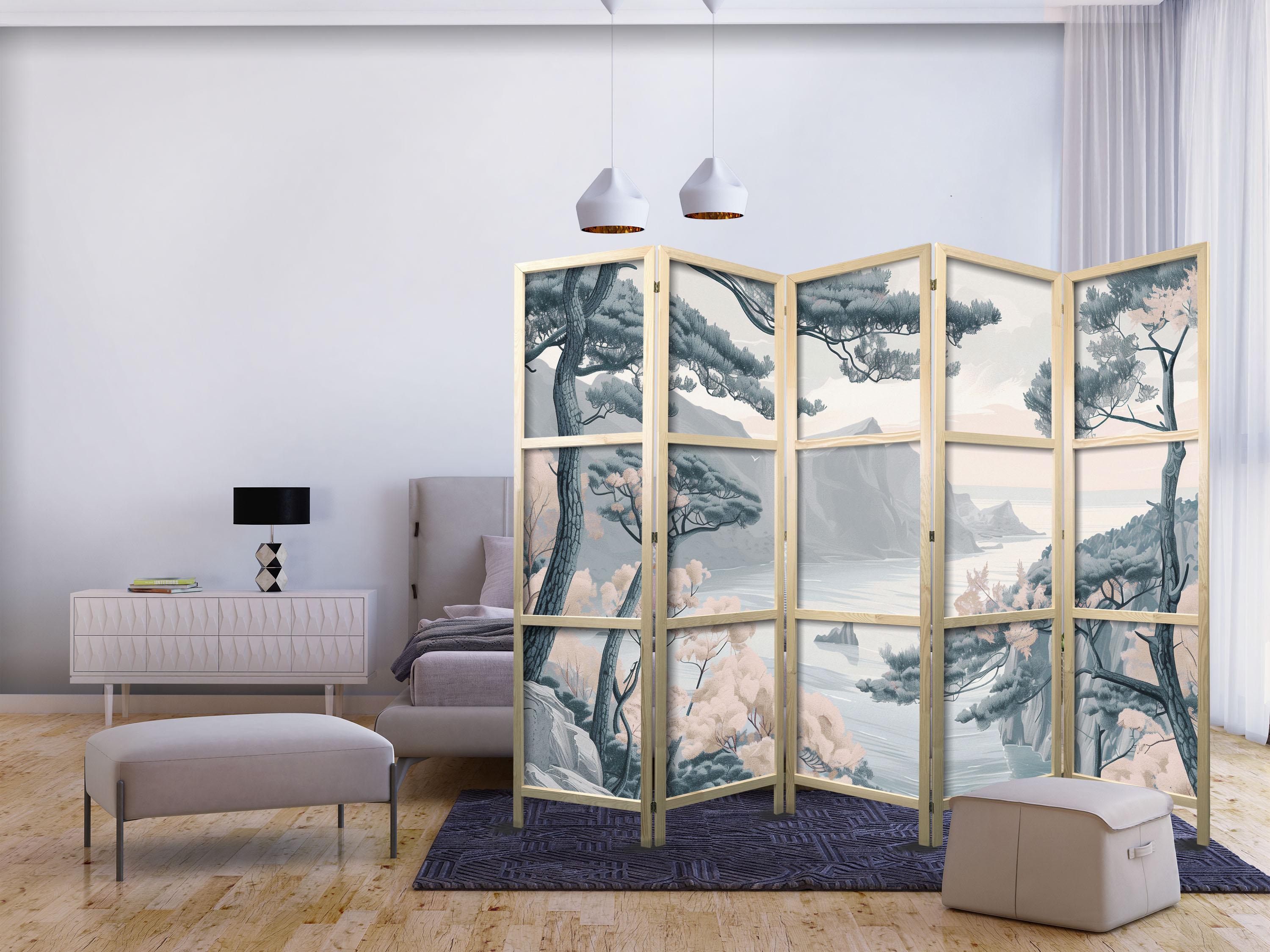 Japansk skærmvæg rumdeler med landskab i lyse pastelblå nuancer 225 x 172 cm
