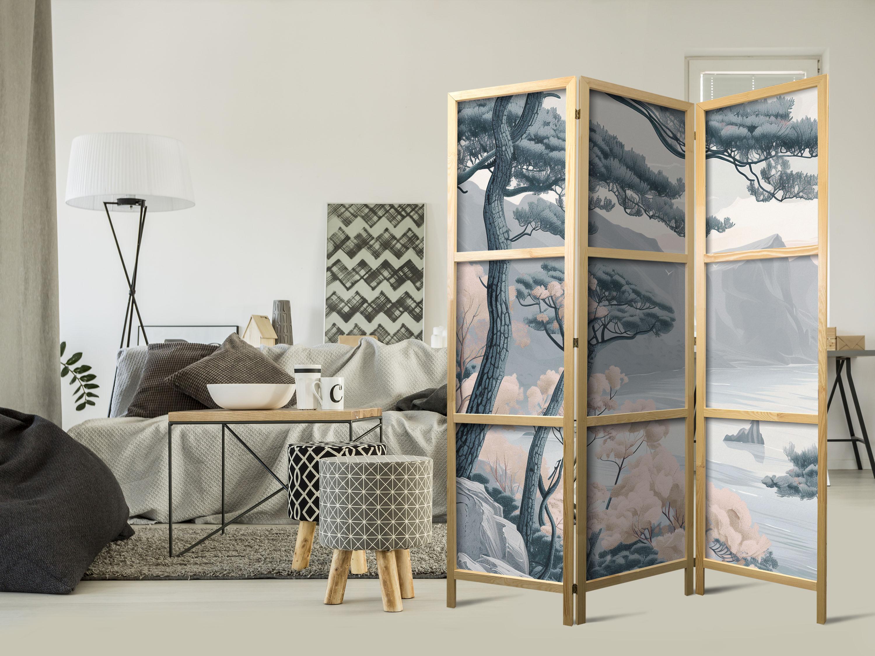 Japansk skærmvæg med bjergkyst - 3-panel rumdeler 135 x 172 cm