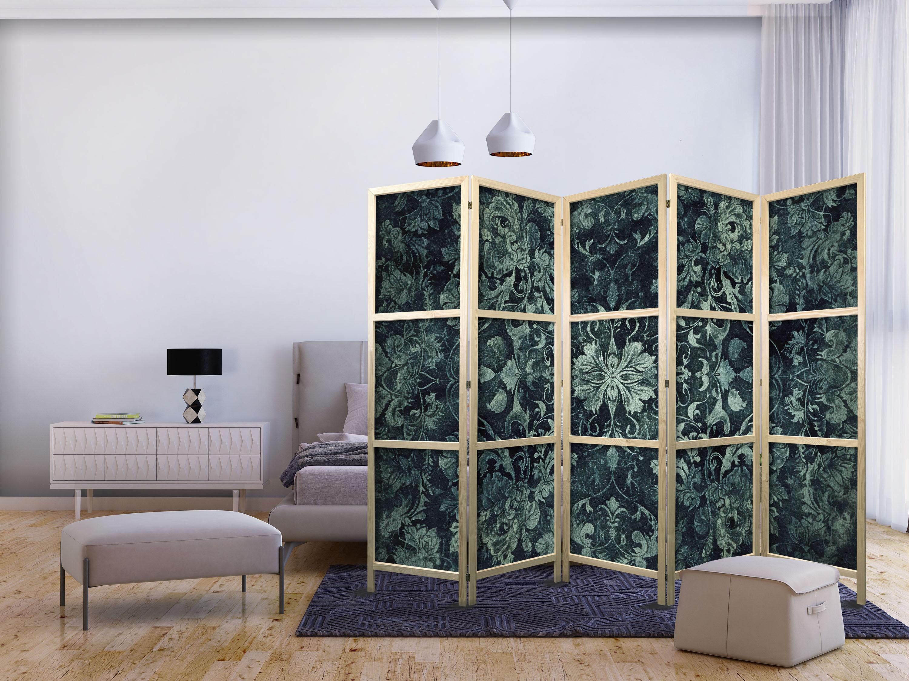 Japansk skærmvæg med orientalsk blomstermønster - smaragdgrøn, 225 × 172 cm