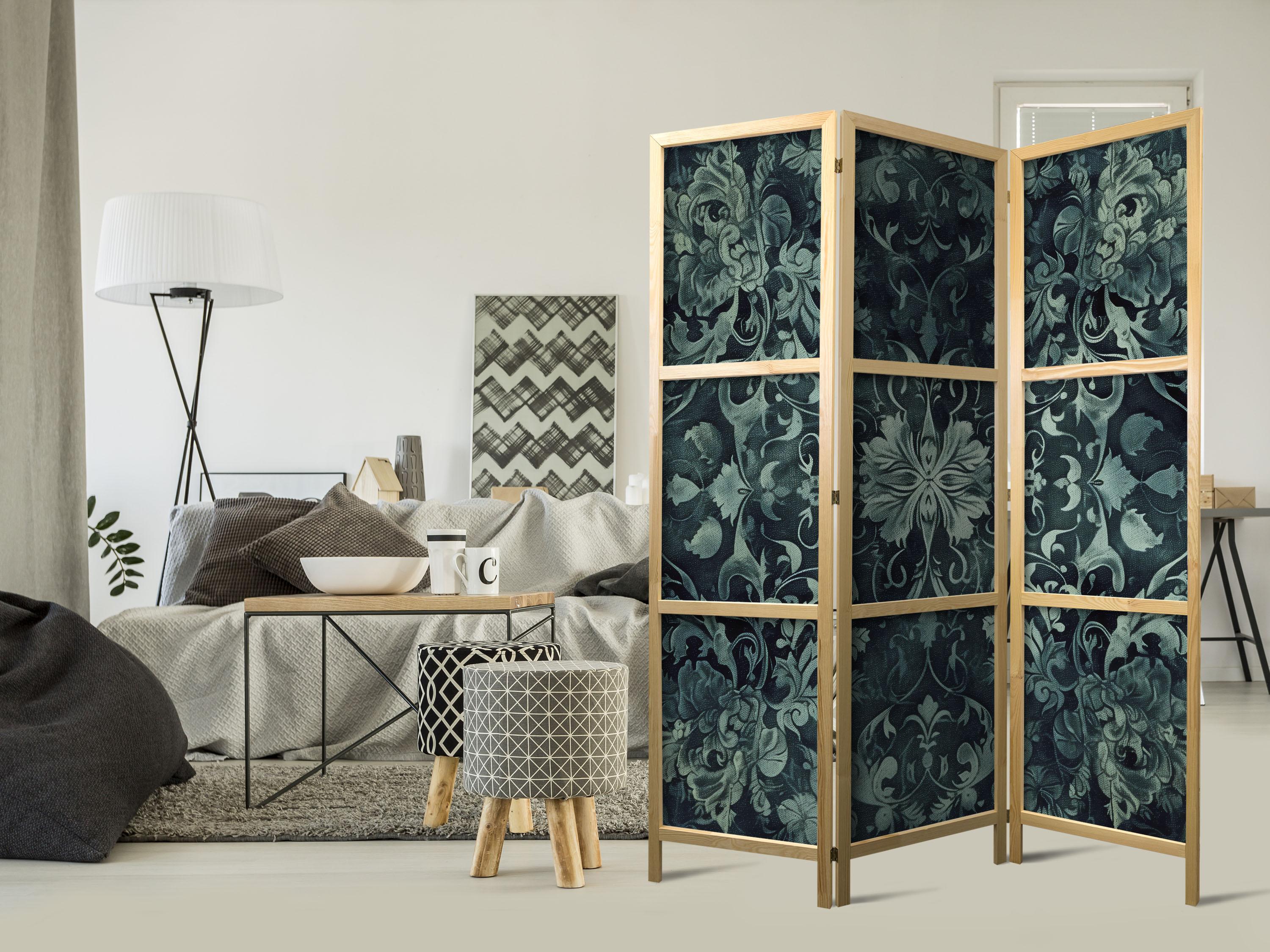 Japansk skærmvæg 3-panel med orientalsk mønster - smaragdgrønne ornamenter 135 x 172 cm