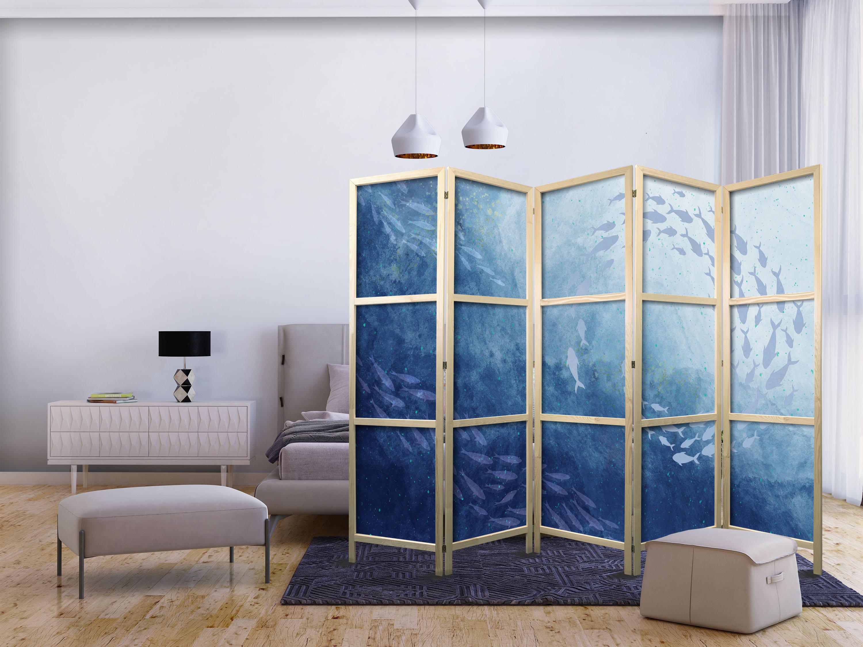 Japansk skærmvæg med fiskemotiv 225 x 172 cm - 5 panels rumdeler
