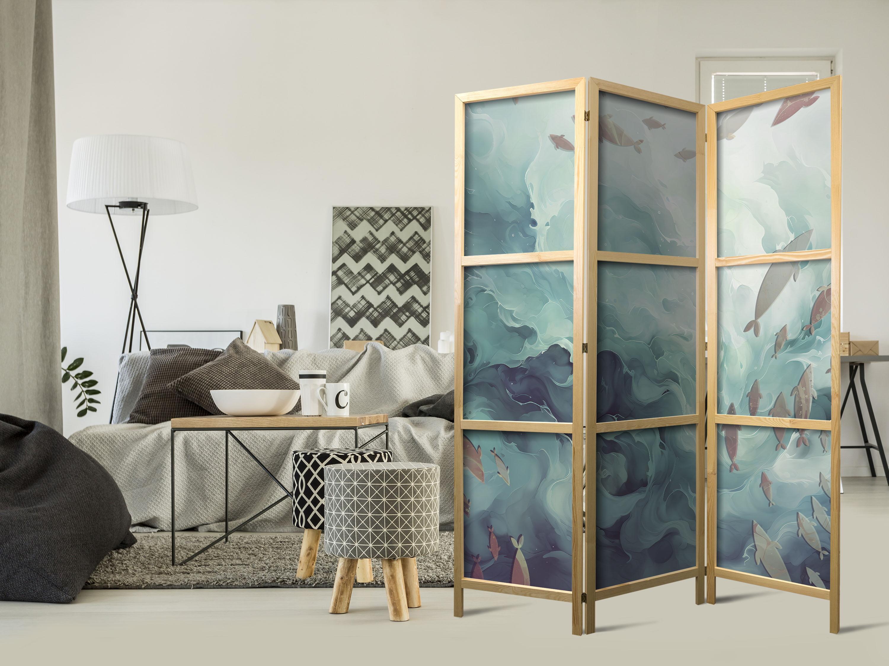 Japansk skærmvæg med fiskemotiv 135 x 172 cm