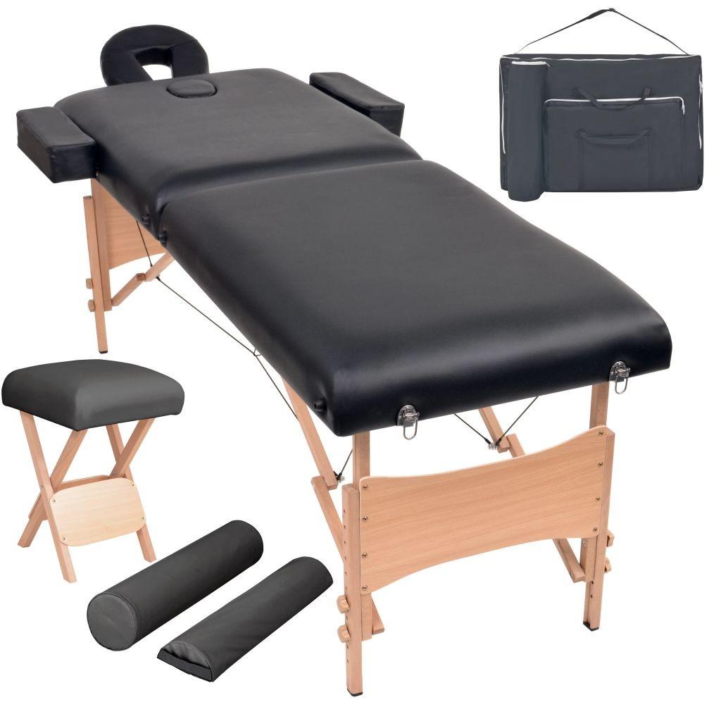 Foldbart massagebord med skammel 2 zoner 10 cm tyk hynde sort