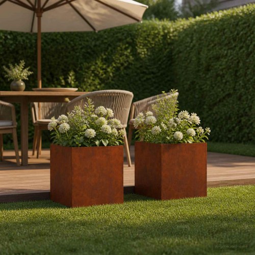 Blomsterkrukke 2 stk. i cortenstål 25 x 25 x 25 cm rusten