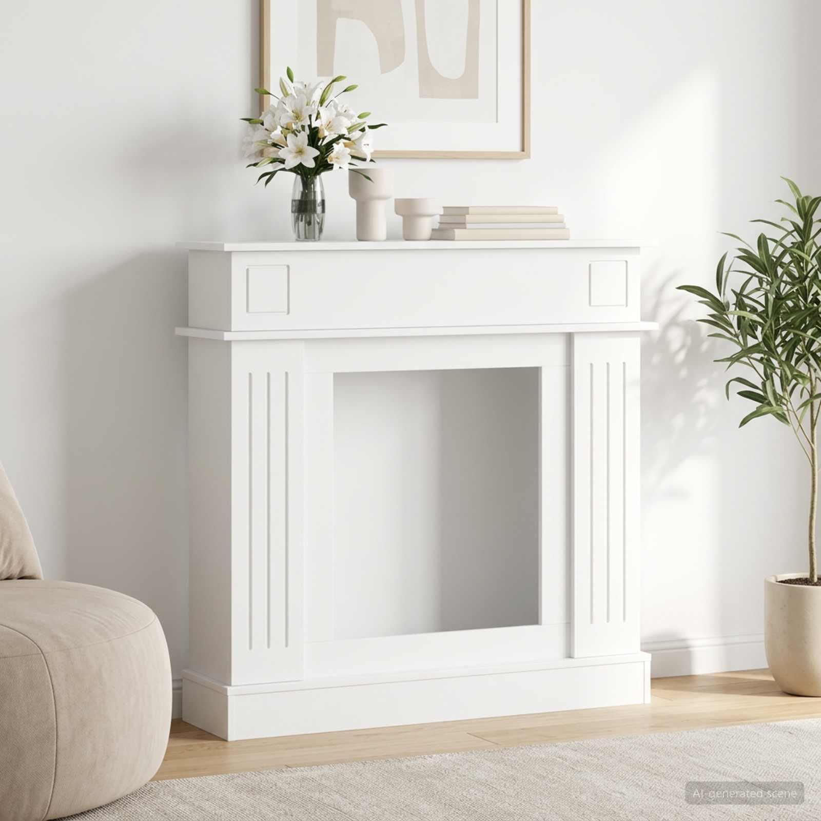 Pejseramme hvid 102 x 26 x 100 cm i konstrueret træ