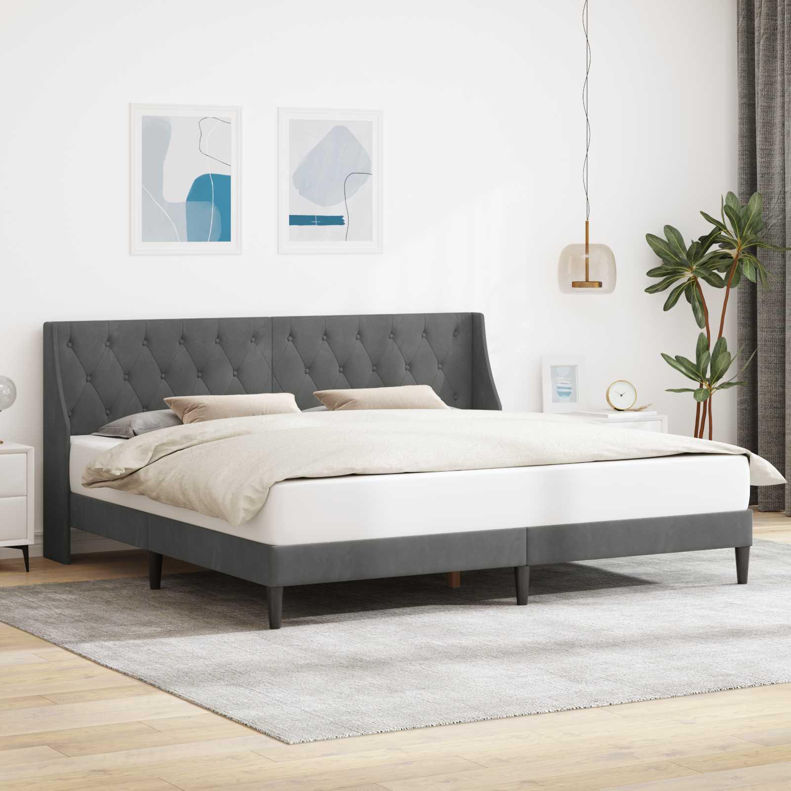 Sengestel med hovedgærde i mørkegrå fløjl 193 x 203 cm