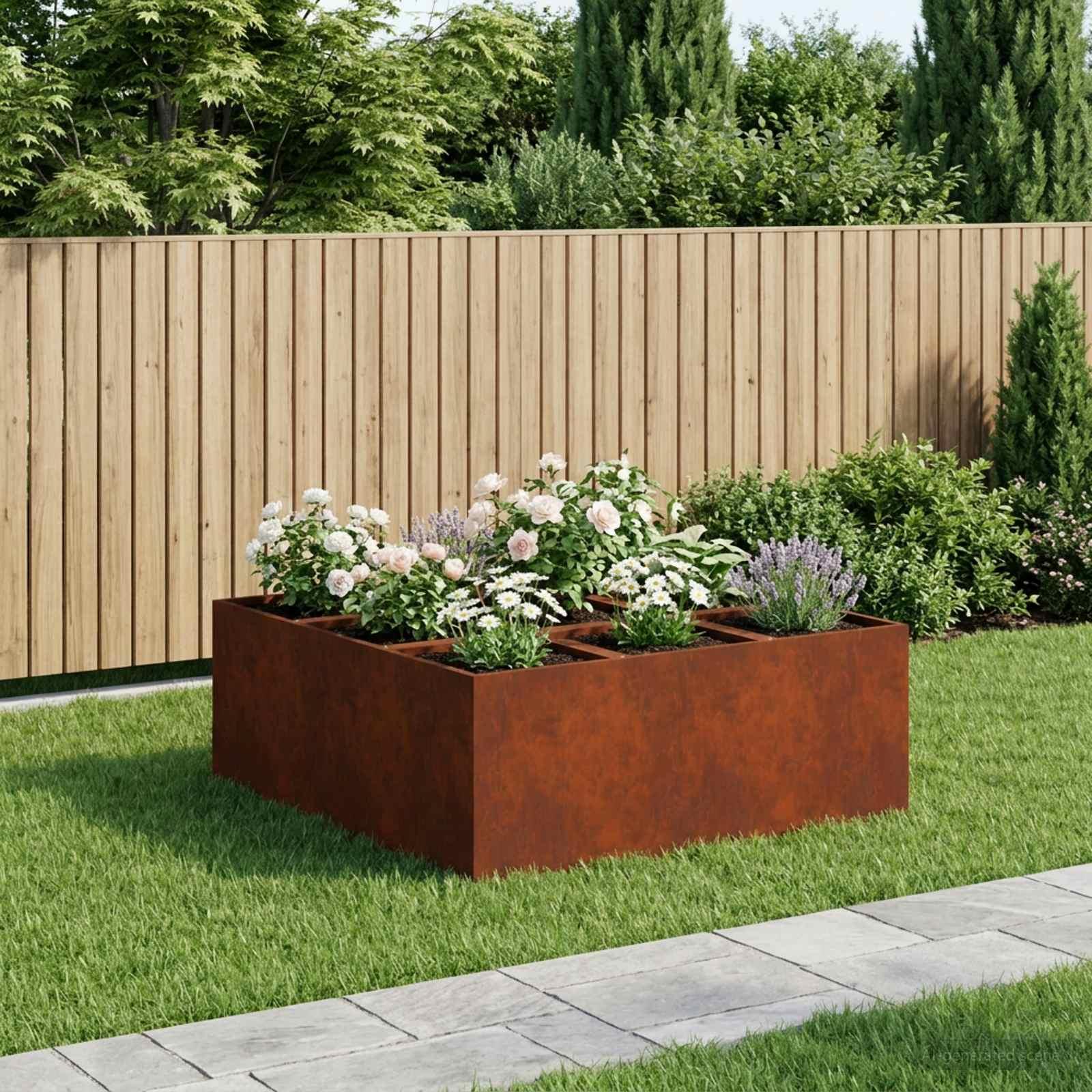 Blomsterkrukke i cortenstål 100 x 100 x 20 cm - rusten haveplantekasse
