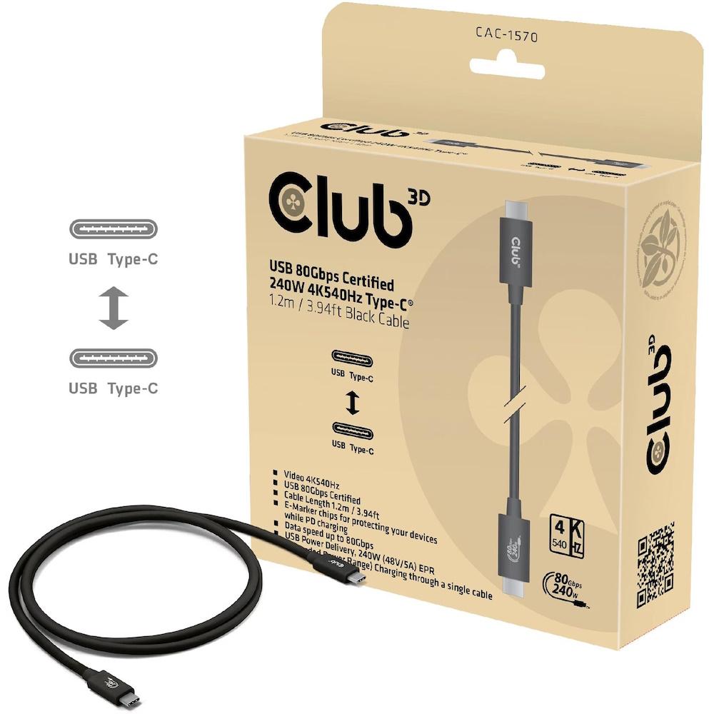 USB-C kabel Club3D USB4 1,2 m - 240 W, 80 Gbps, 8K240Hz - Sort billede