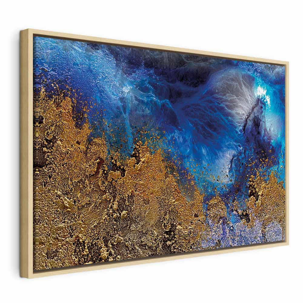 Abstrakt lærredsbillede Havets Guld i bredformat - 90 x 60 cm - I en naturlig træramme