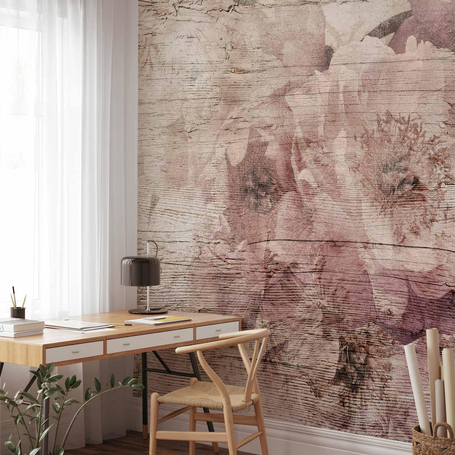 Fototapet med blomster på træbrædder - 400 x 280 cm - Premium