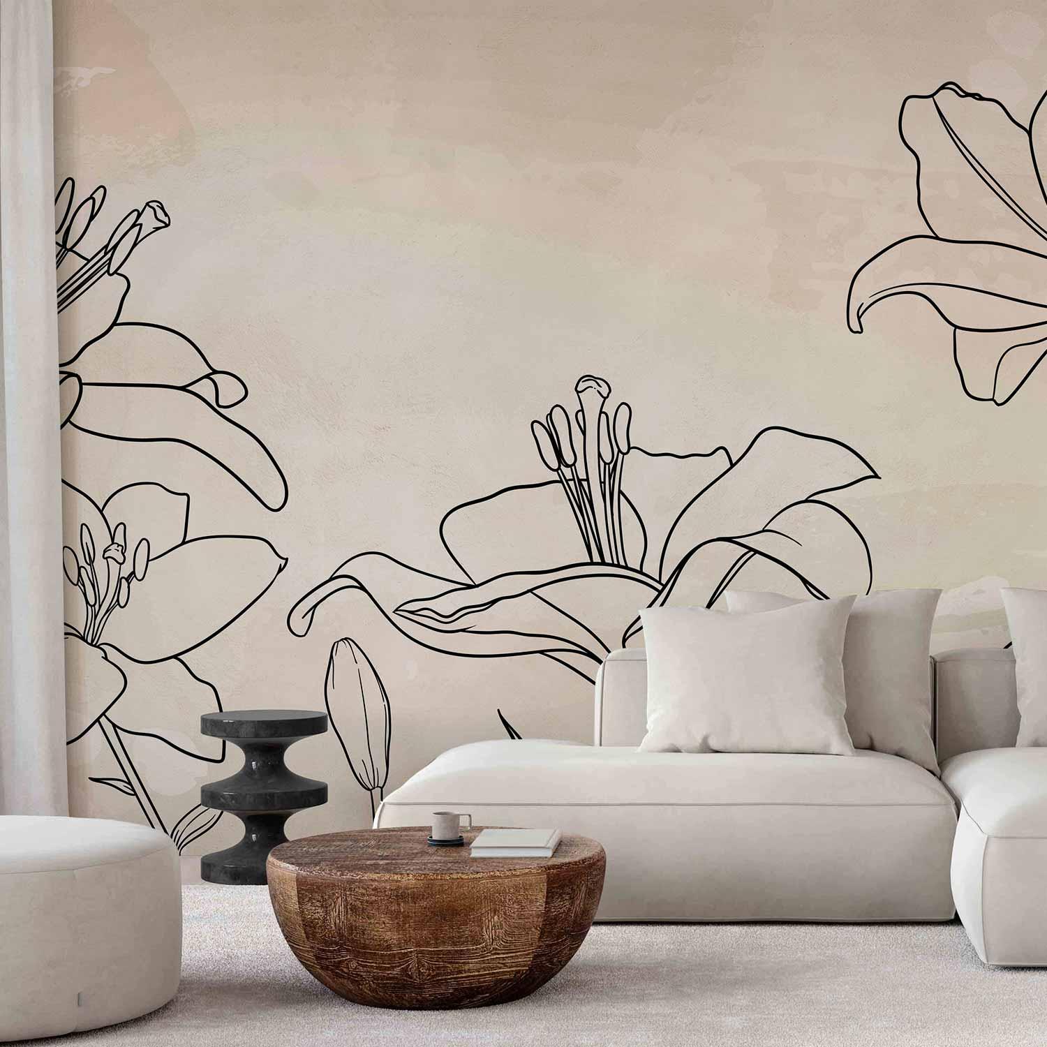 Fototapet Skitse af natur - minimalistisk lineart med liljeblomster på beige baggrund - 350 x 256 cm - Standard