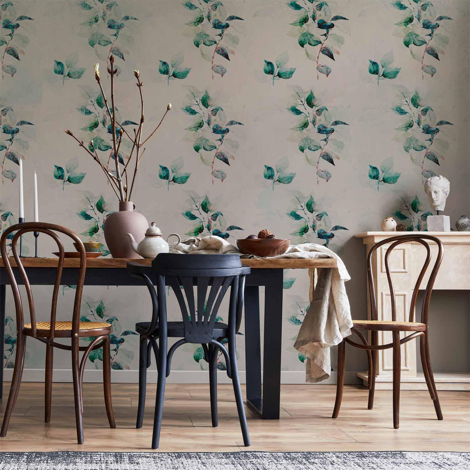 Fototapet med mintgrønne blade og blomstermønster - 400 x 280 cm - Vandtæt
