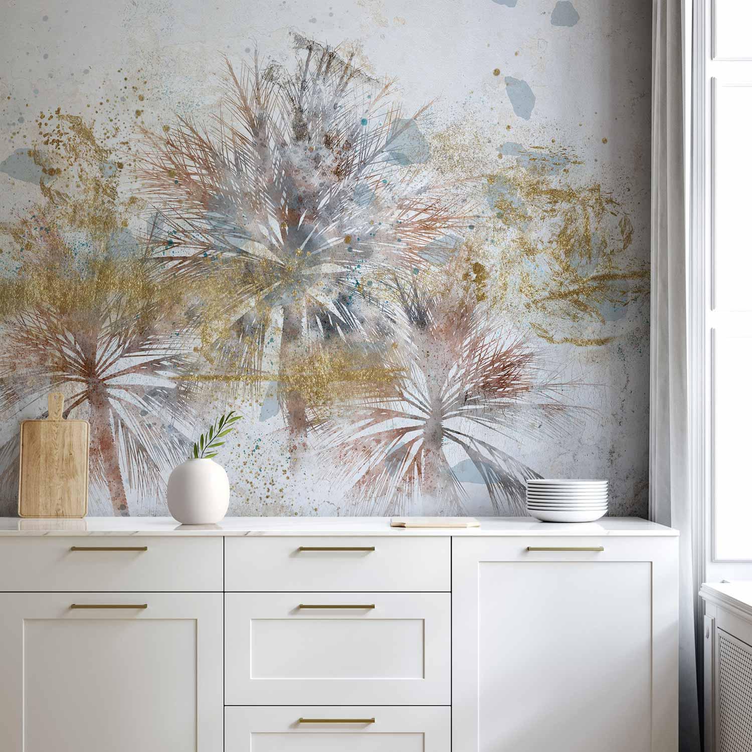 Fototapet med grå palmer i abstrakt komposition - 250 x 175 cm - Vandtæt