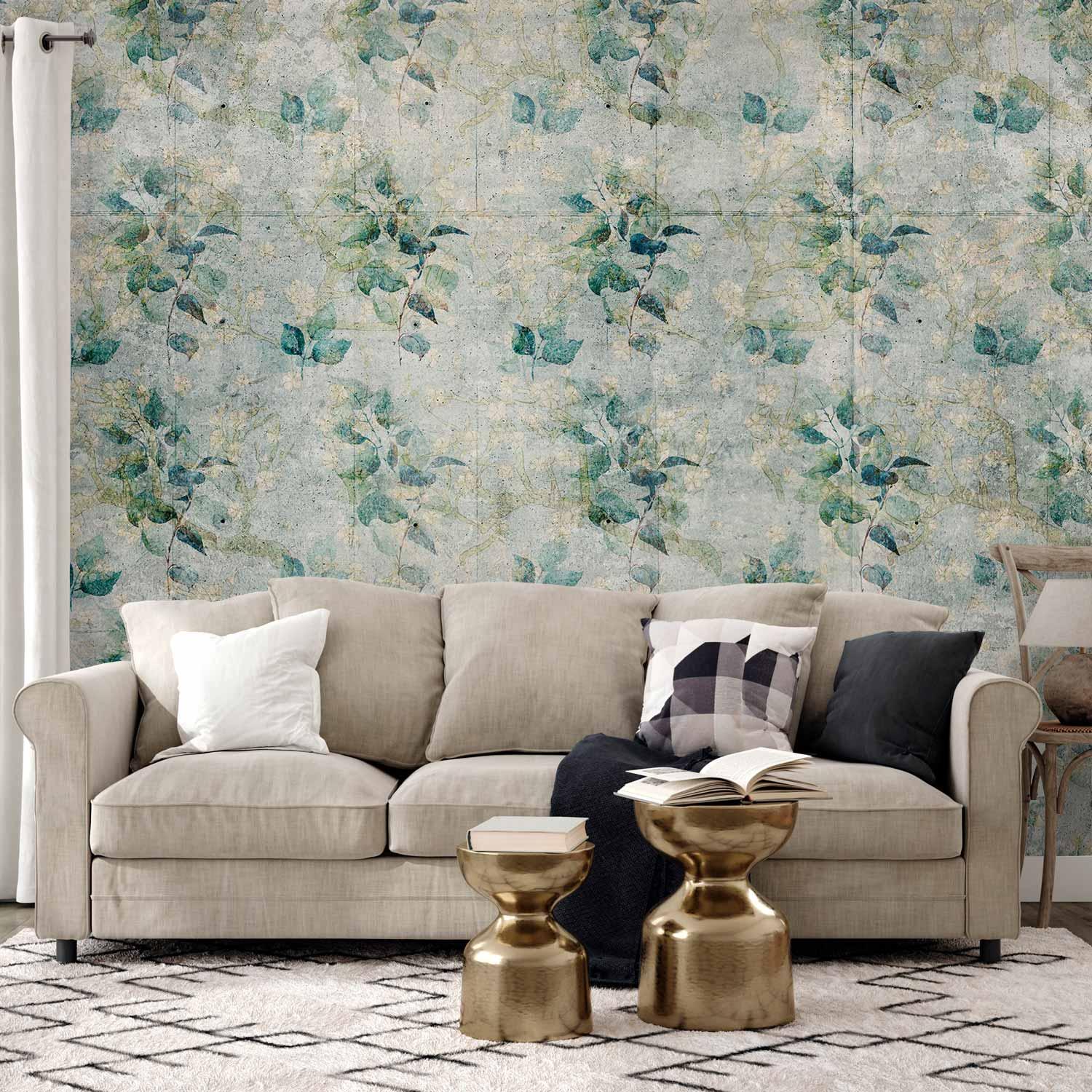 Fototapet Minttoner med grønne bladbuketter på retro baggrund - 500 x 350 cm - Premium