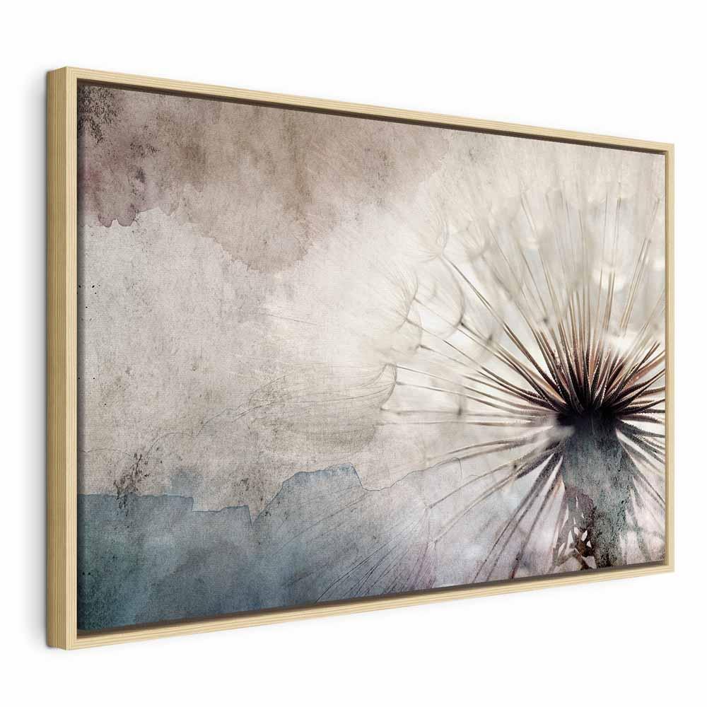 Lærredsbillede Mælkebøtter i Skyerne - bredt blomsterbillede - 60 x 40 cm - I en naturlig træramme