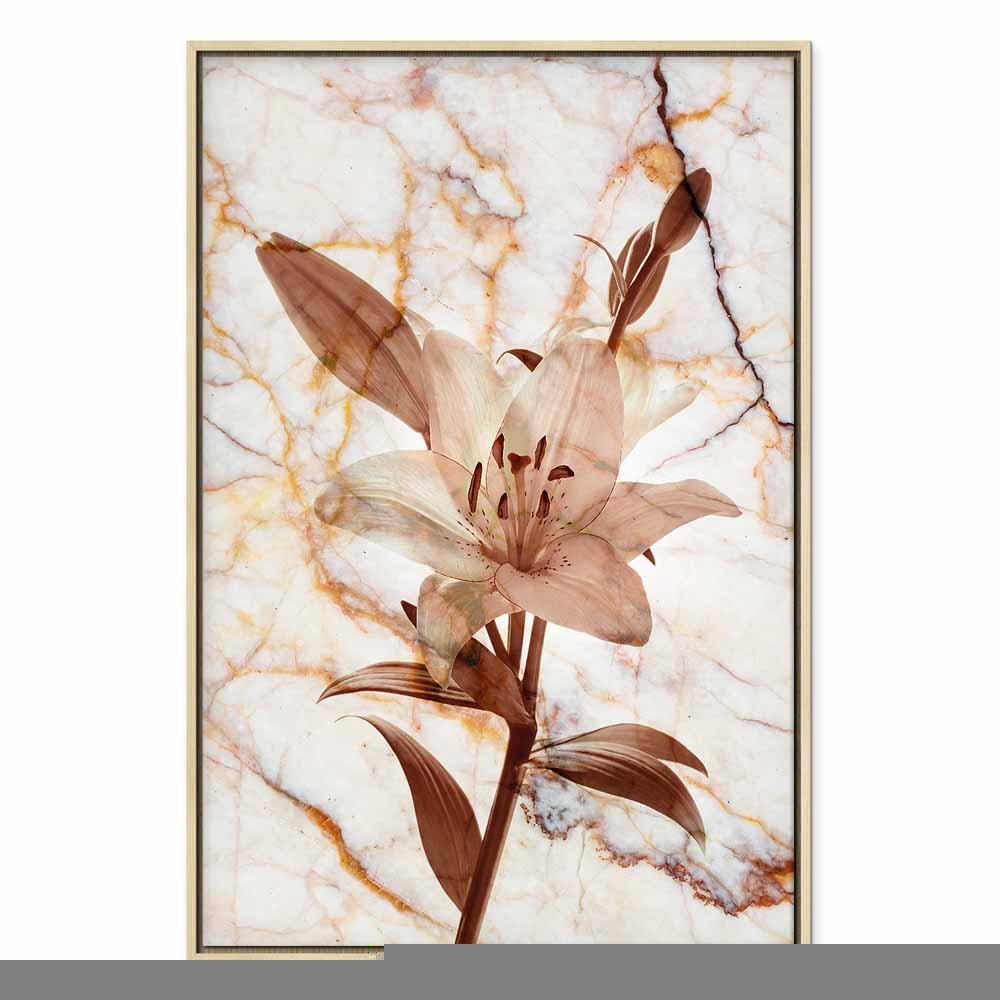 Billede på lærred - Blomstens elegance - Delikat lilje på marmor i sepia - 40 x 60 cm - I en sort træramme
