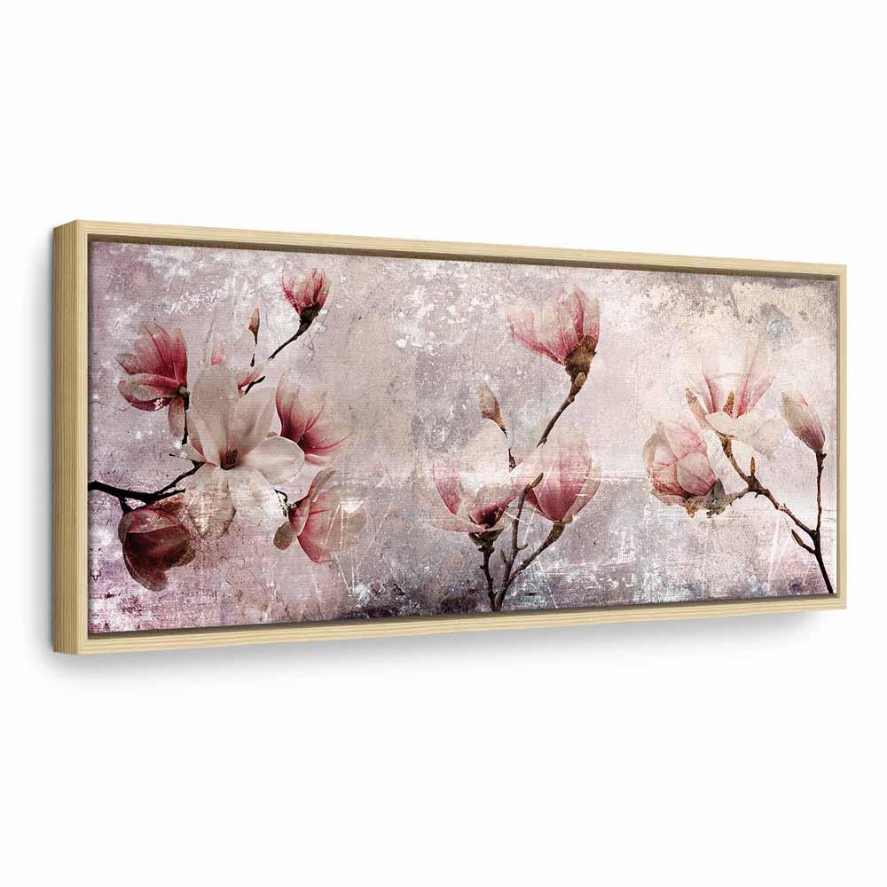 Lærredsbillede Magnolia Charm smalt blomsterbillede - 90 x 30 cm - I en naturlig træramme